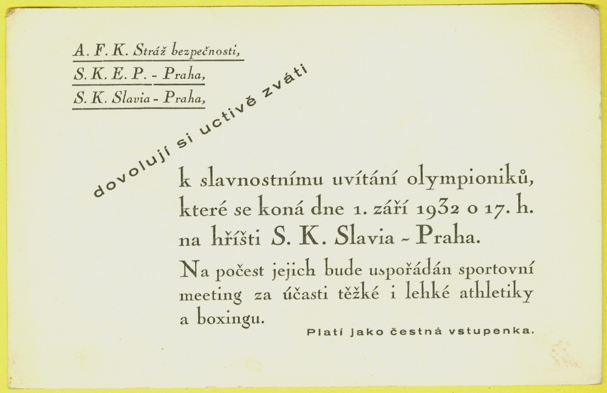 Náhledový obrázek Pozvánka-vstupenka k slavnostnímu uvítání olympioniků - 1