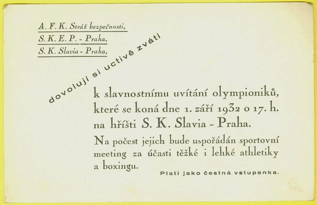 Náhledový obrázek předmětu Pozvánka-vstupenka k slavnostnímu uvítání olympioniků
