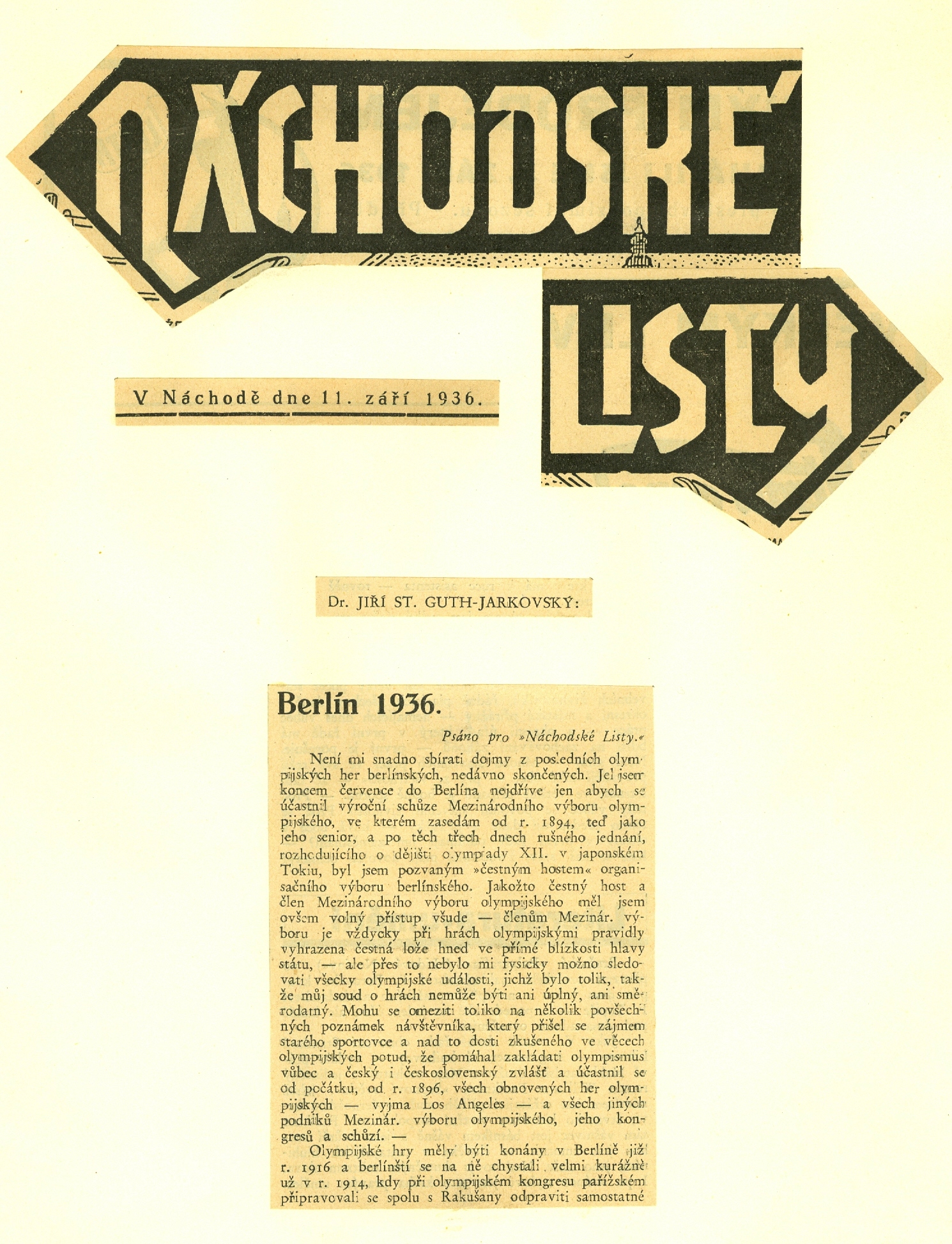 Náhledový obrázek Dojmy J. Gutha-Jarkovského z Olympijských her v Berlíně 1936 - 2