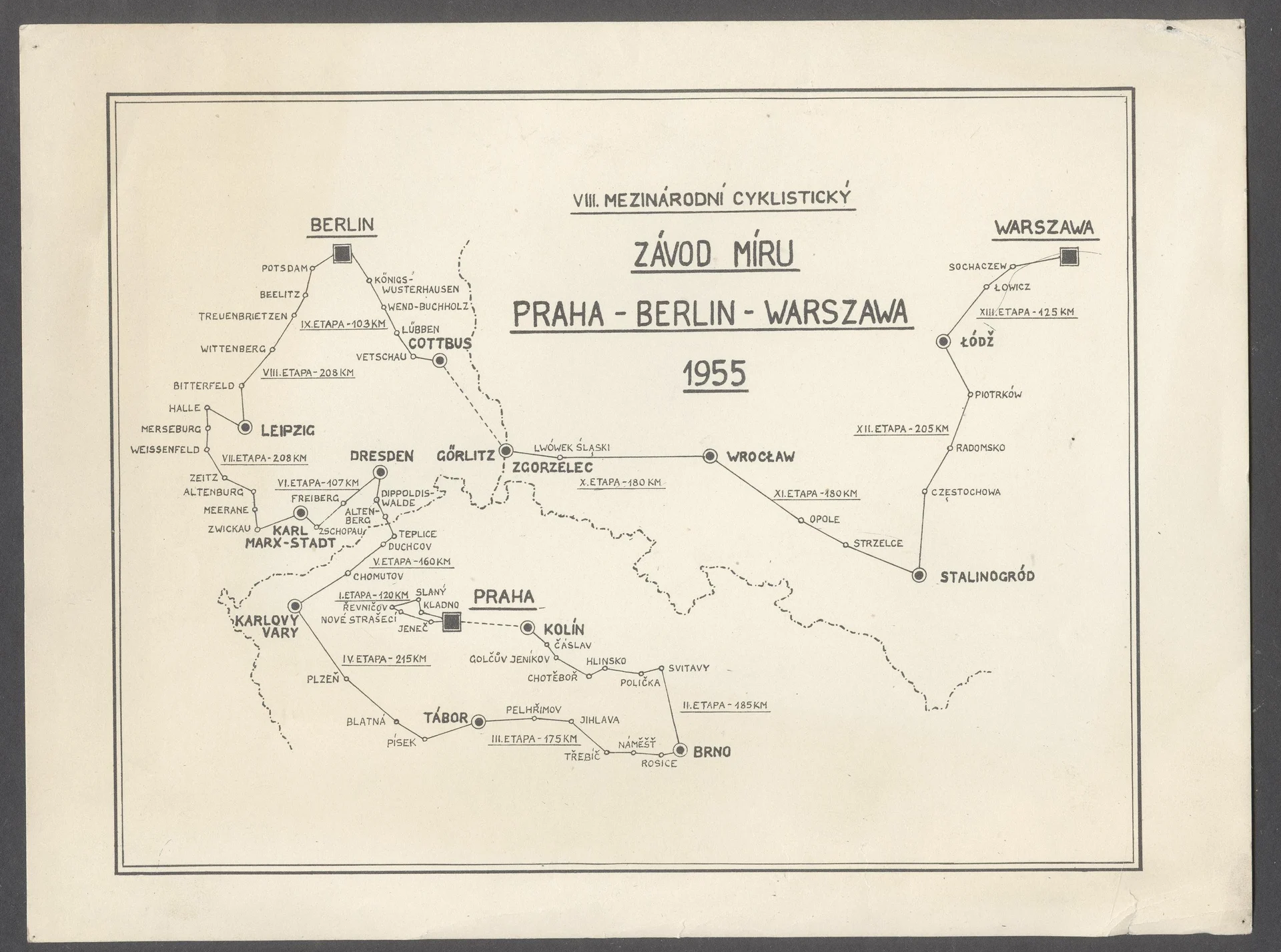 Náhledový obrázek předmětu Trasa závodu. Praha - Berlin - Warszawa 1955