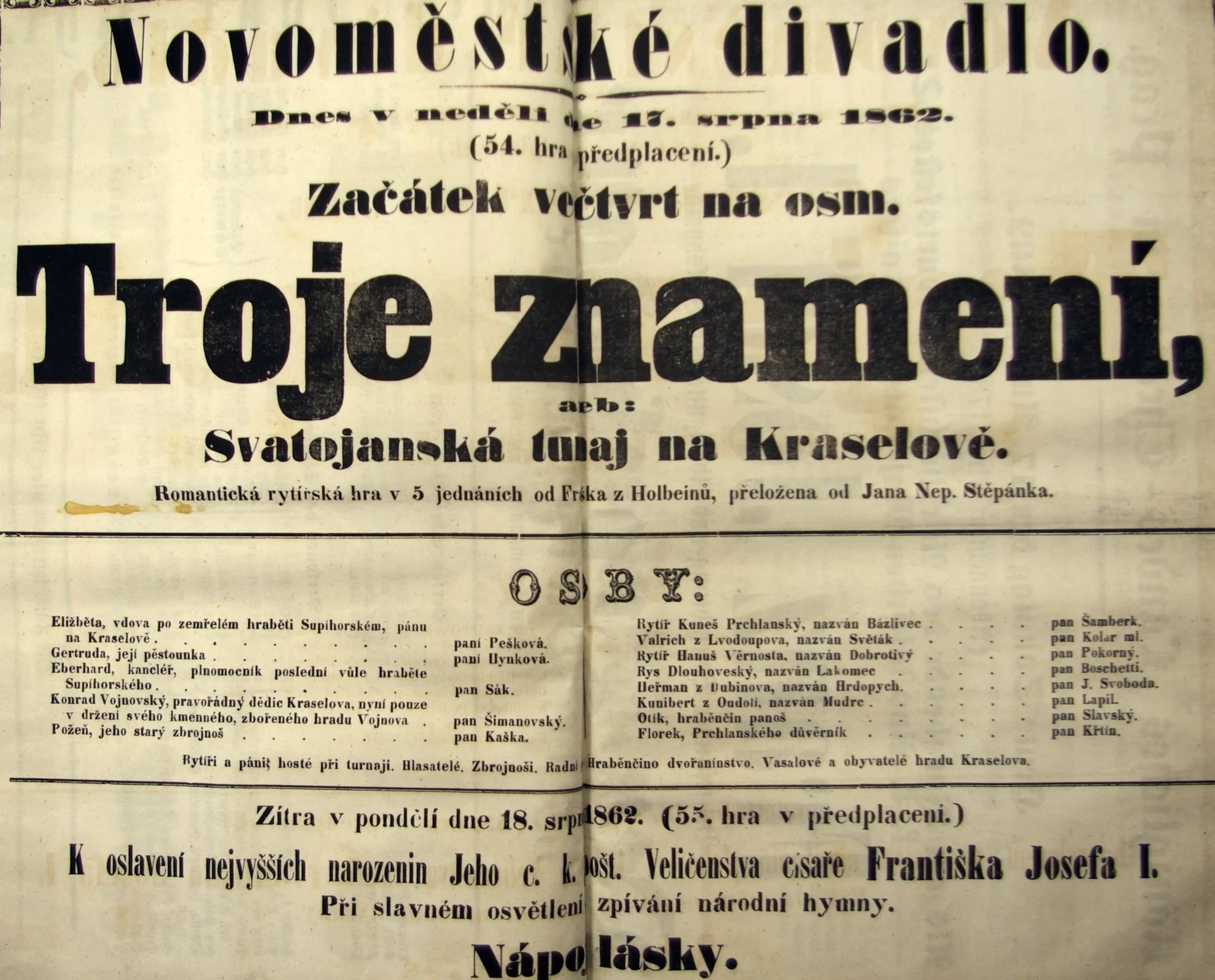 Náhledový obrázek předmětu Troje znamení aneb Svatojanský turnaj na Kraselově