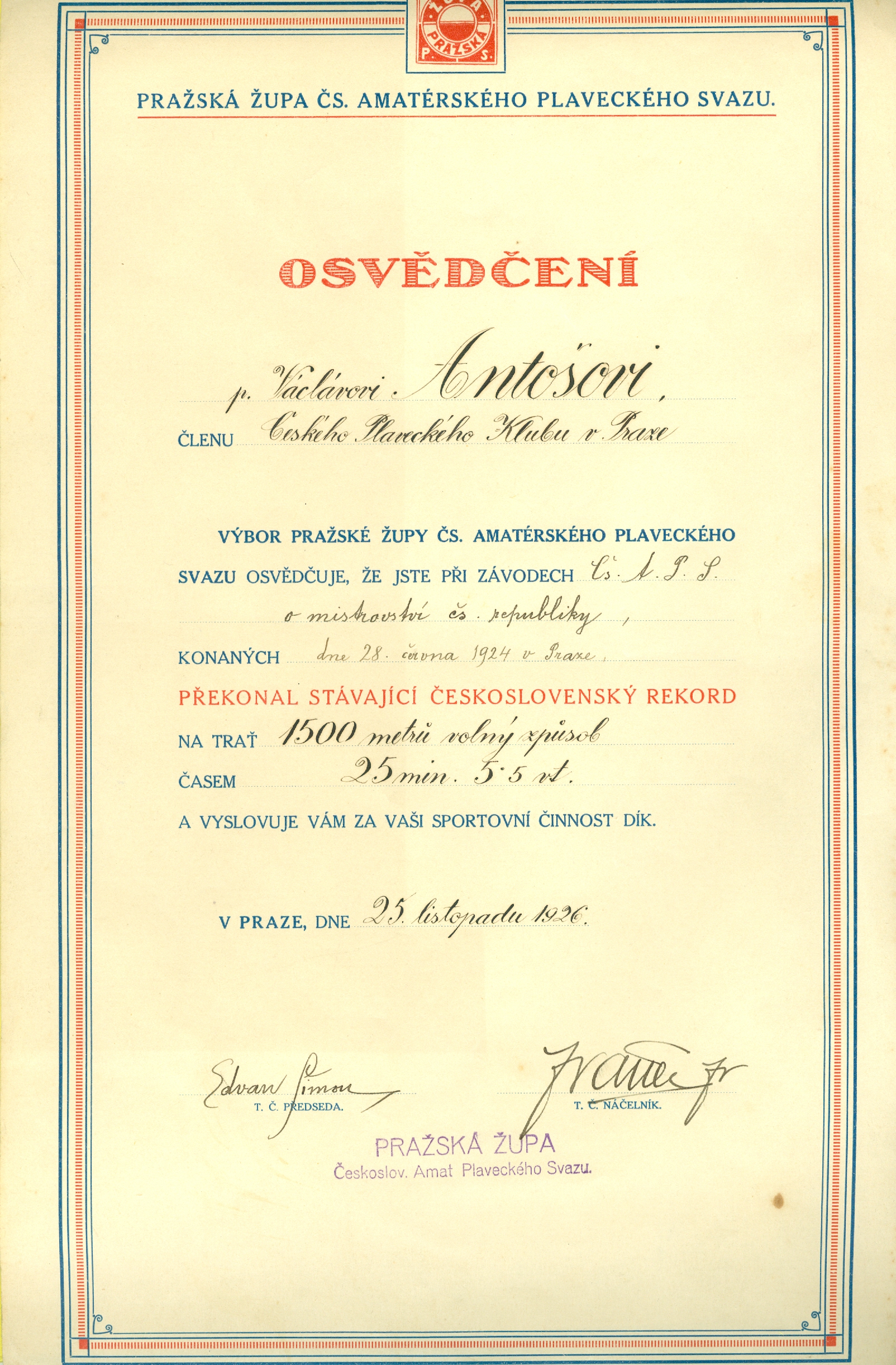 Náhledový obrázek Osvědčení o překonání čsl. rekordu v plavání - 1