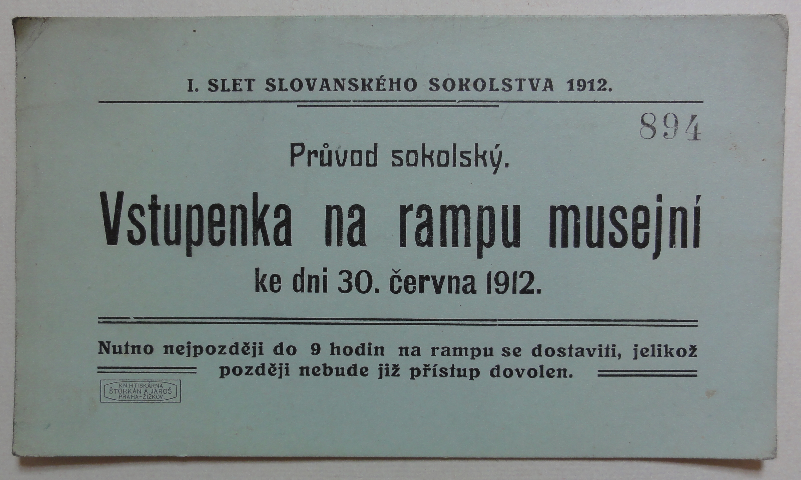 Náhledový obrázek Slet Slovanského Sokolstva. Vstupenka na rampu musejní - 1