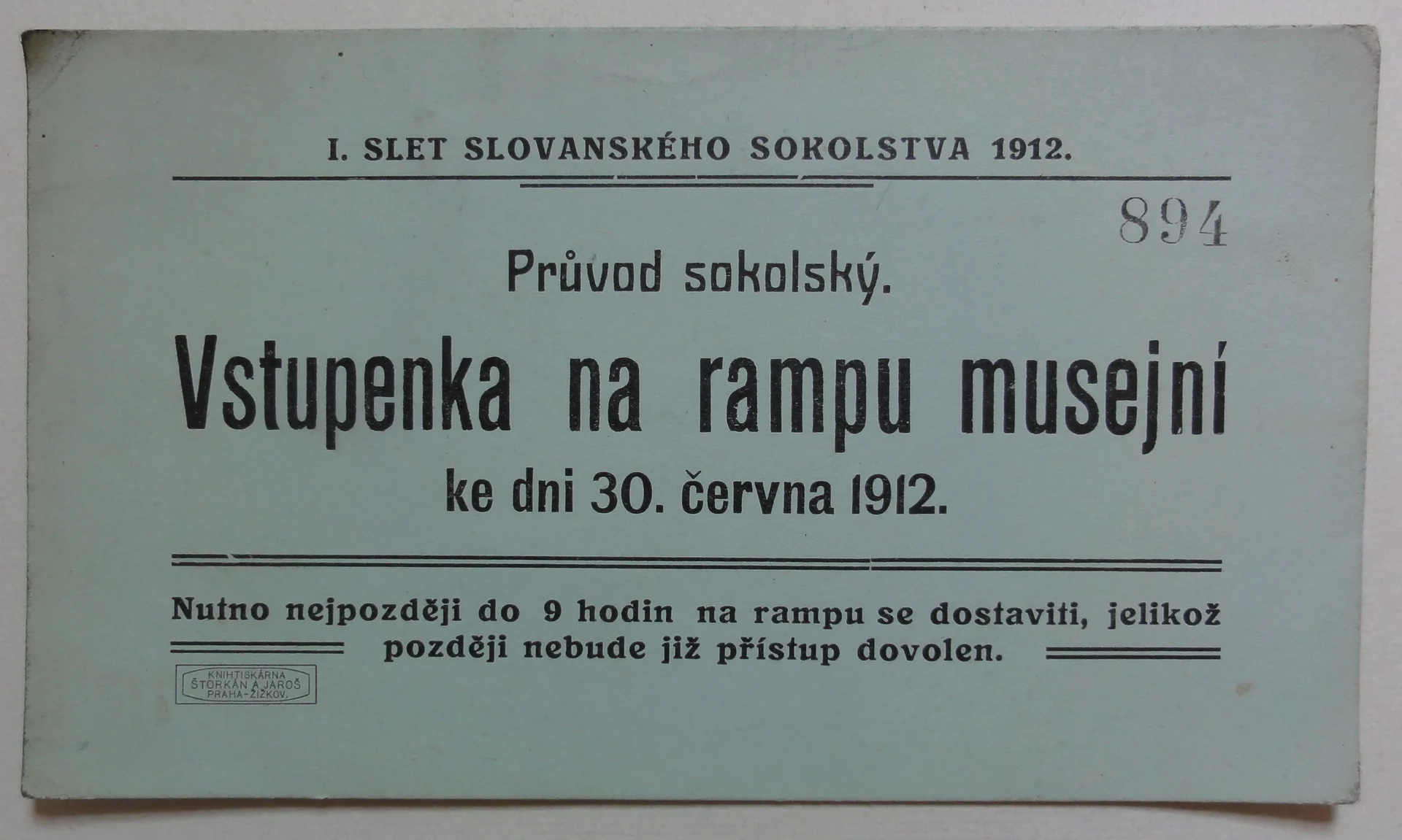 Náhledový obrázek předmětu Slet Slovanského Sokolstva. Vstupenka na rampu musejní