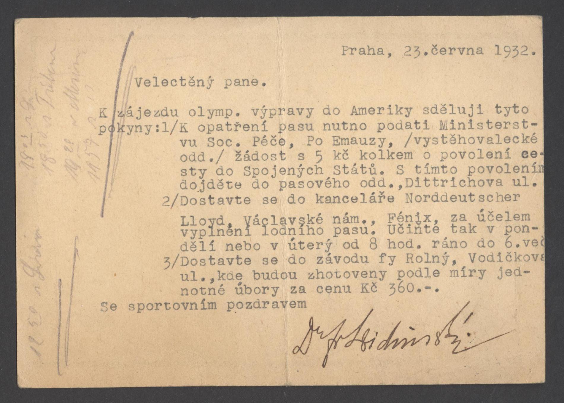 Náhledový obrázek Instrukce Františka Widimského pro účastníky olympijských her v Los Angeles 1932 - 2
