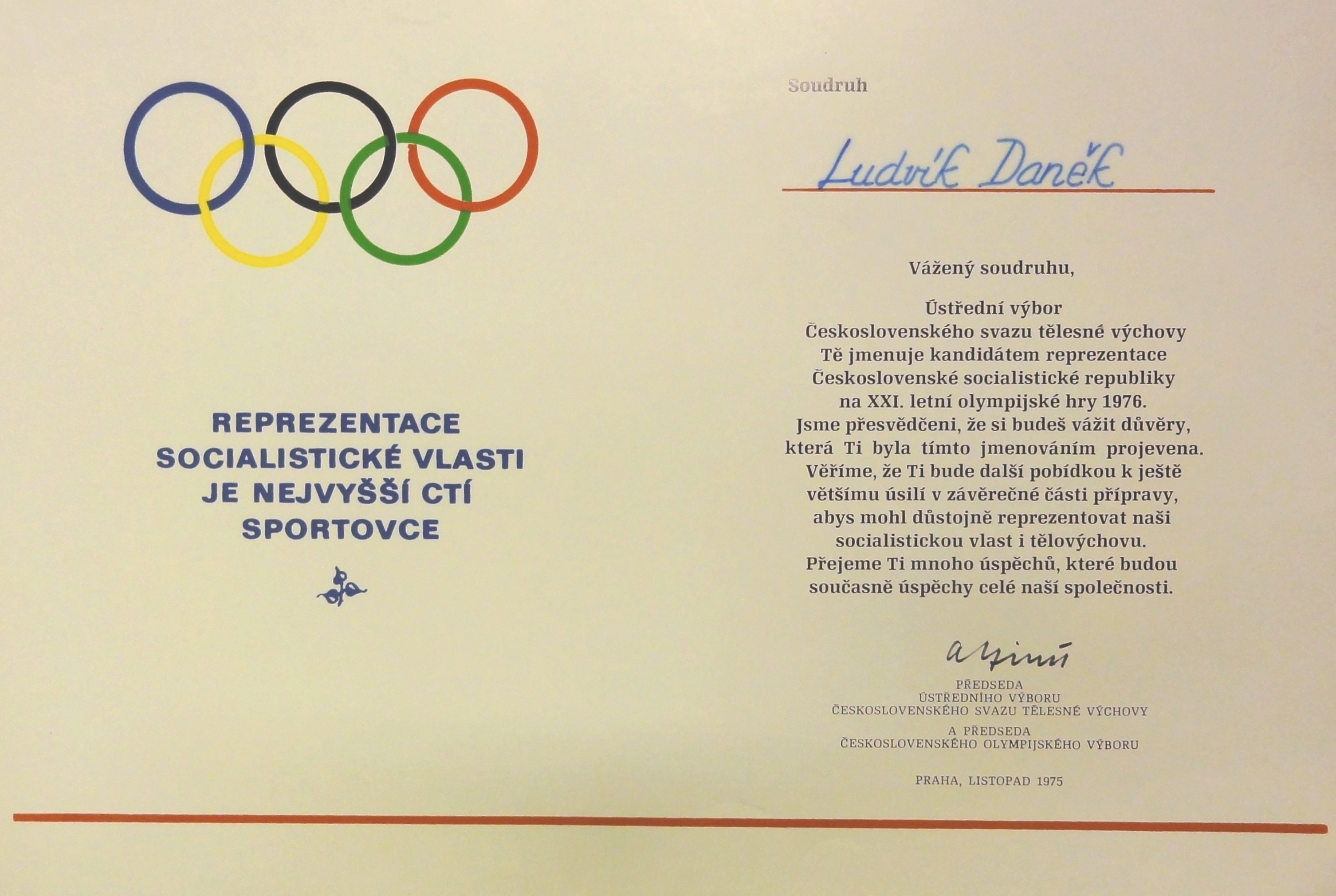 Náhledový obrázek Jmenování do reprezentace na OH 1976 pro L. Daňka - 1