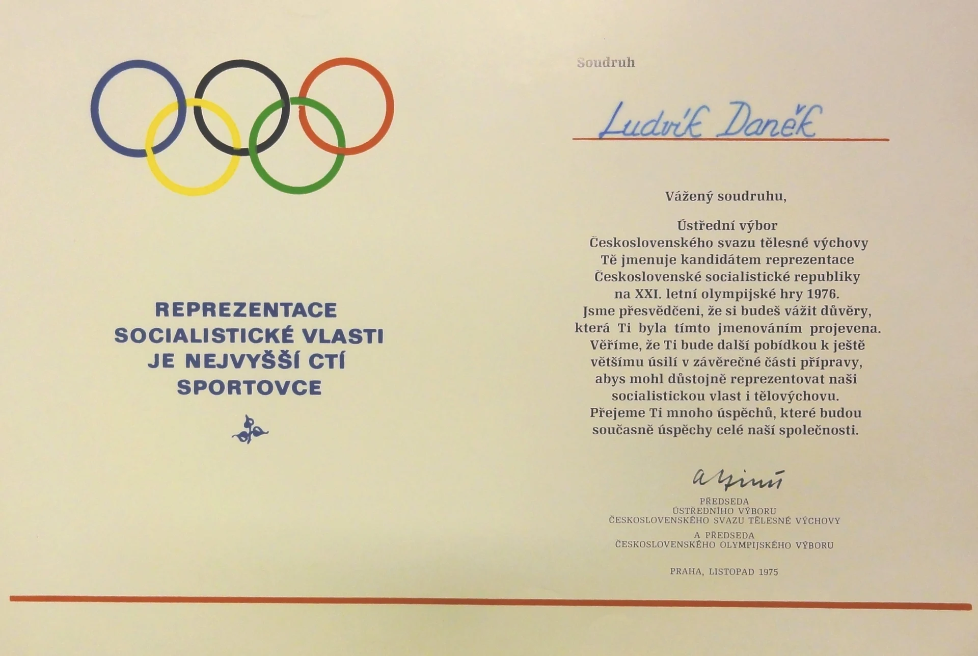 Náhledový obrázek předmětu Jmenování do reprezentace na OH 1976 pro L. Daňka