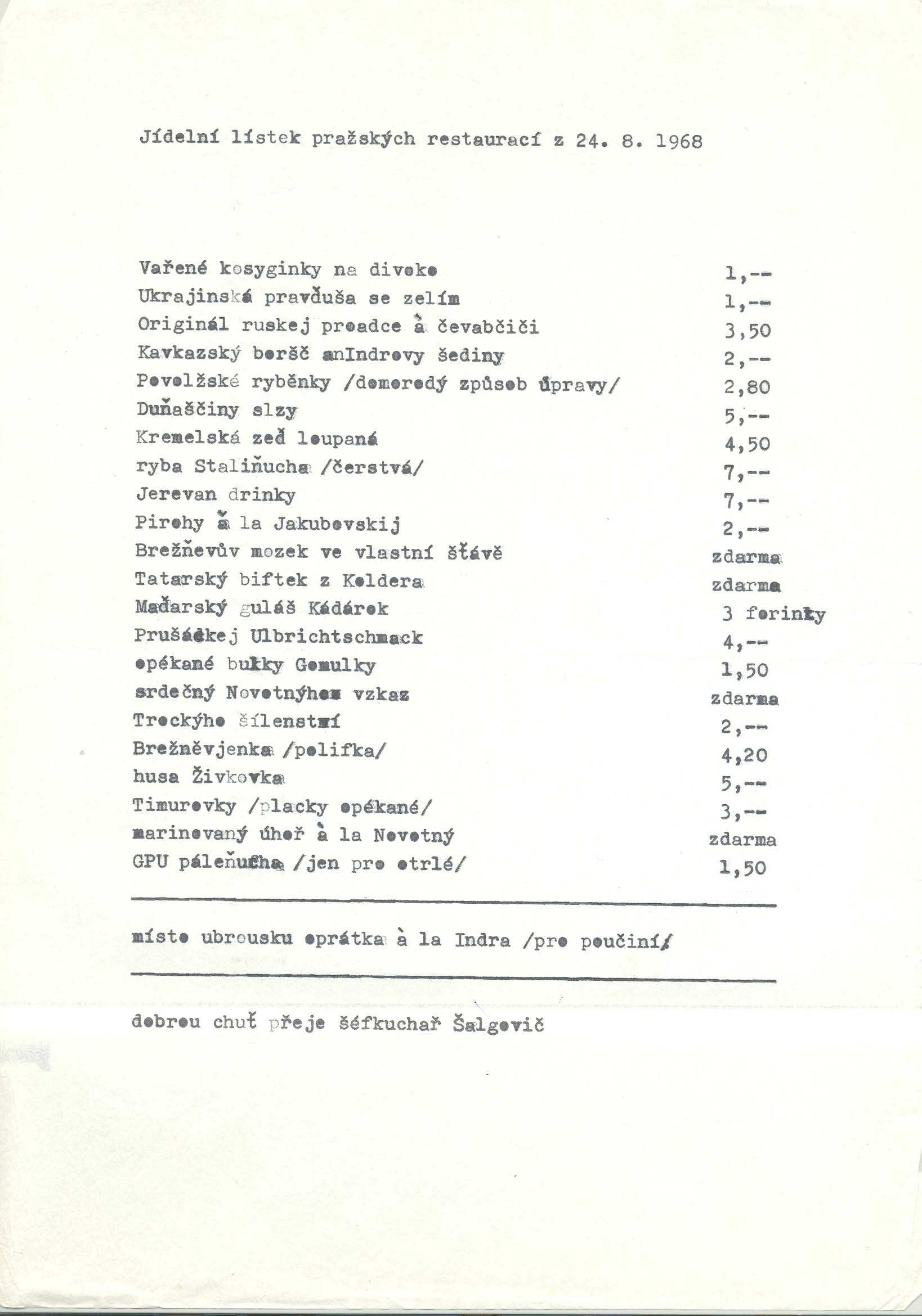 Náhledový obrázek Jídelní lístek pražských restaurací z 24. 8. 1968 - 1
