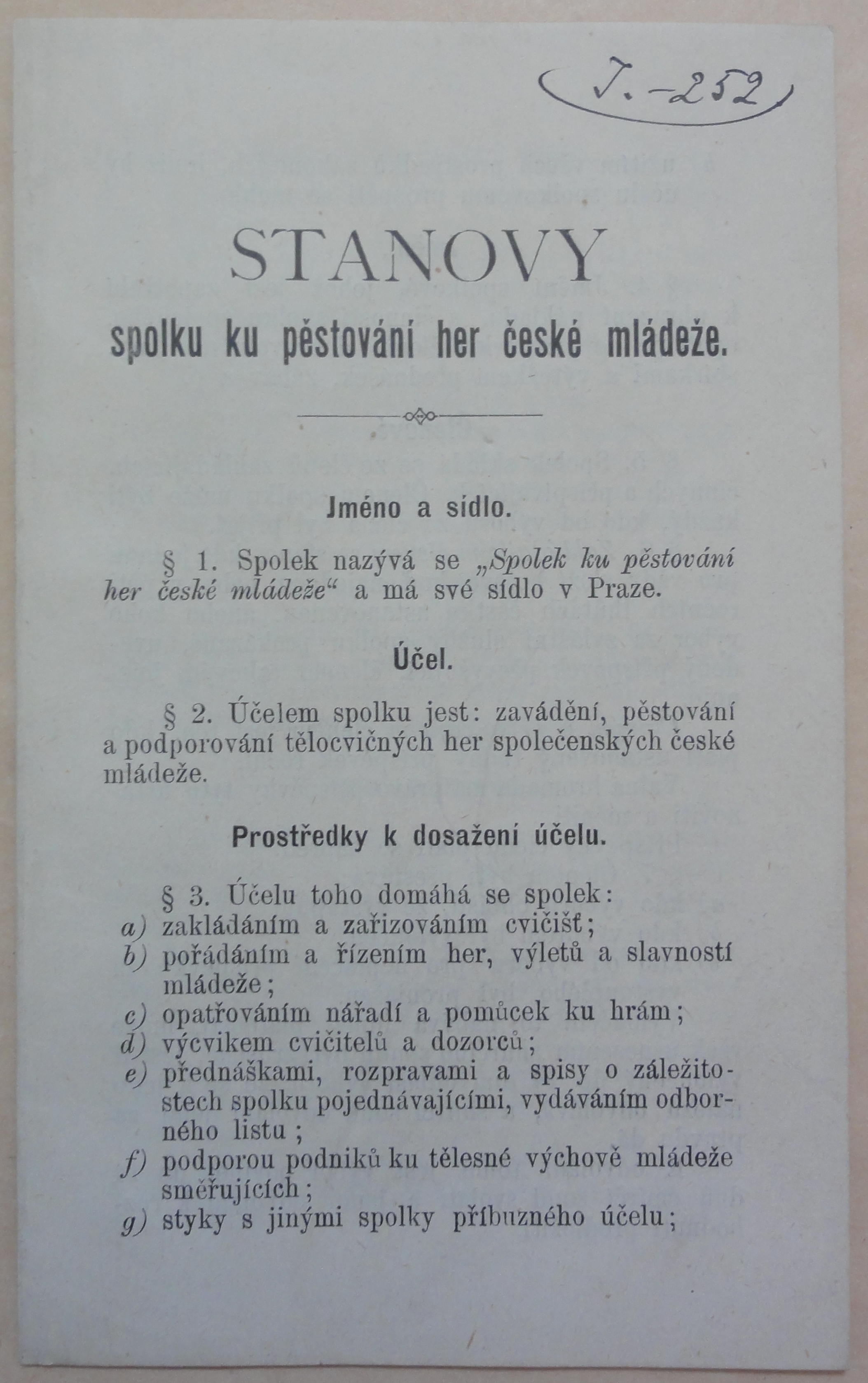 Náhledový obrázek Stanovy Spolku ku pěstování her české mládeže - 1