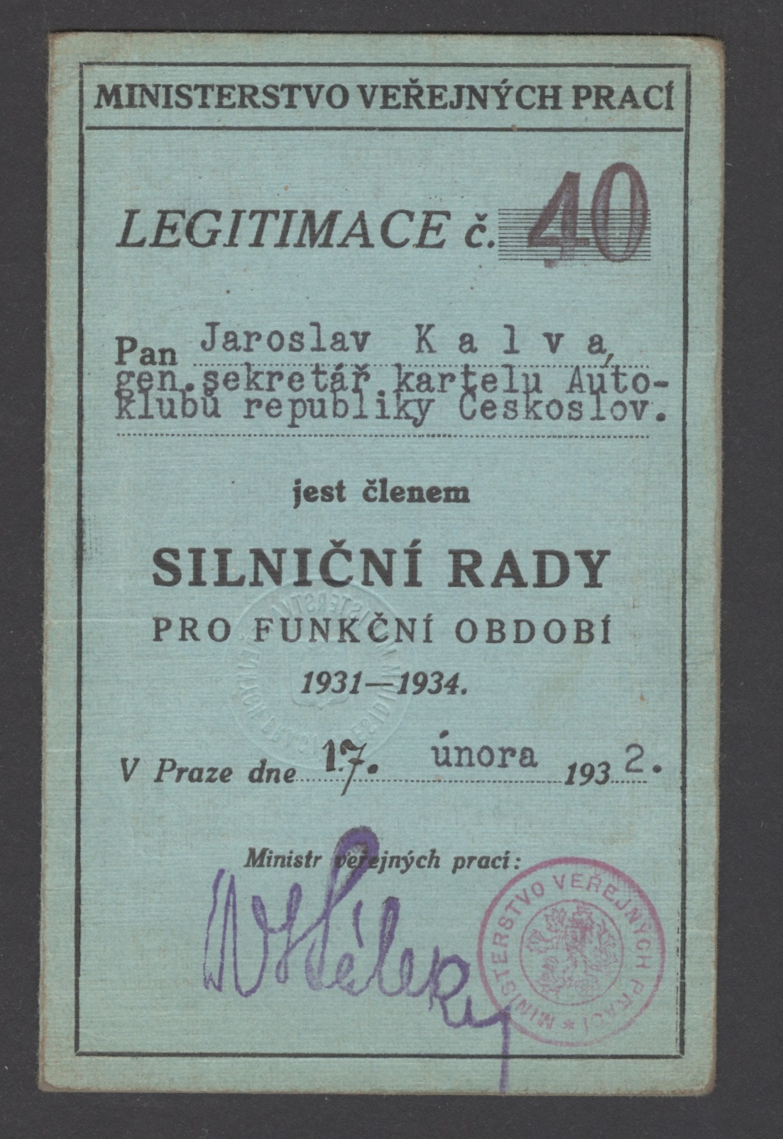 Náhledový obrázek Legitimace silničního rady Jaroslava Kalvy - 2