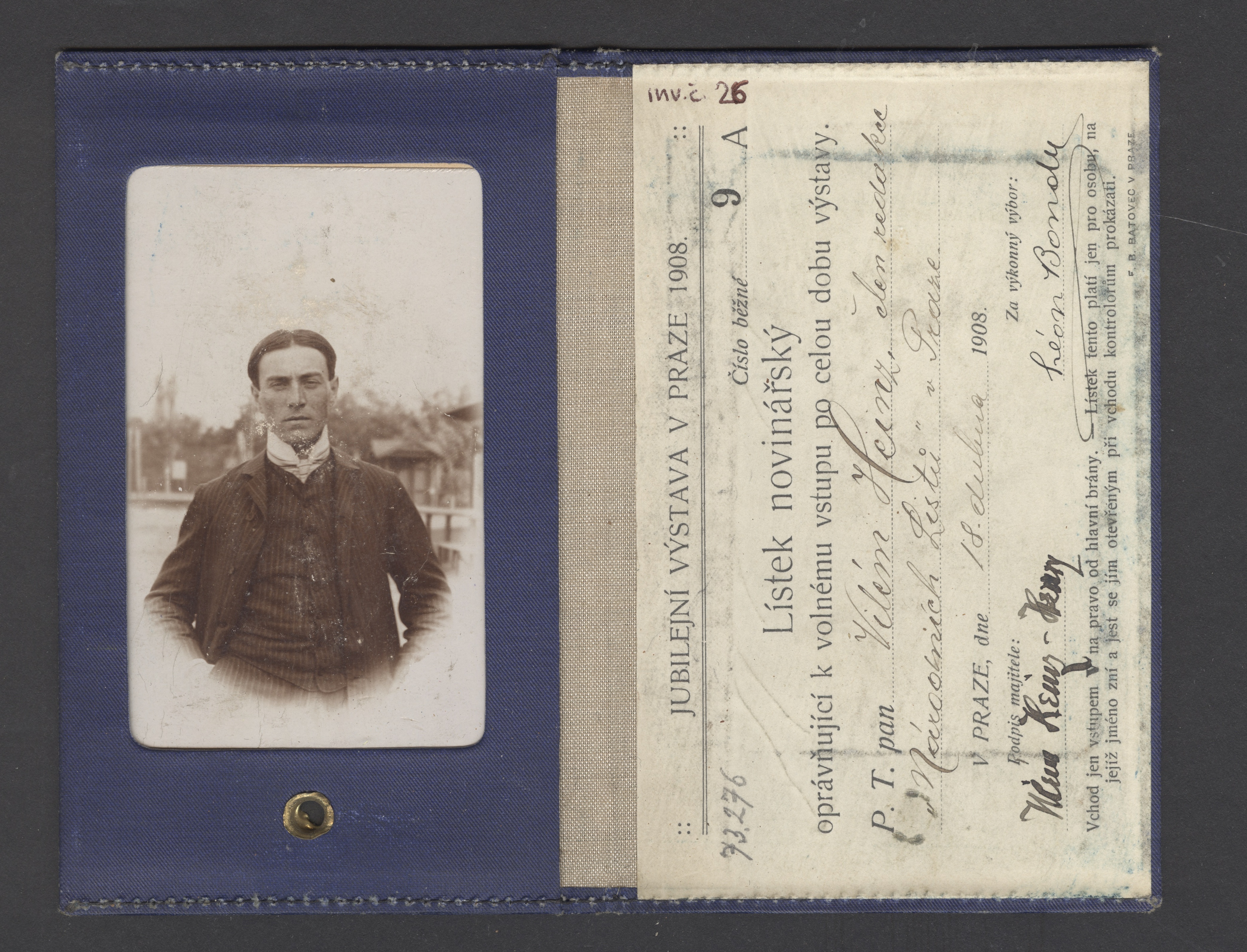 Náhledový obrázek Jubilejní výstava v Praze 1908. Novinářský lístek Viléma Heinze - 1