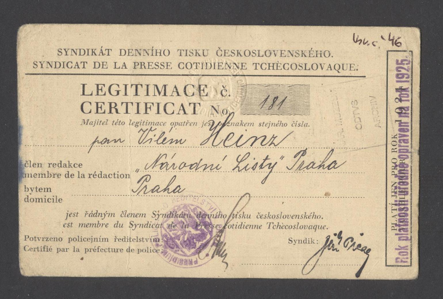 Náhledový obrázek Syndikát denního tisku československého. Legitimace Viléma Heinze - 1