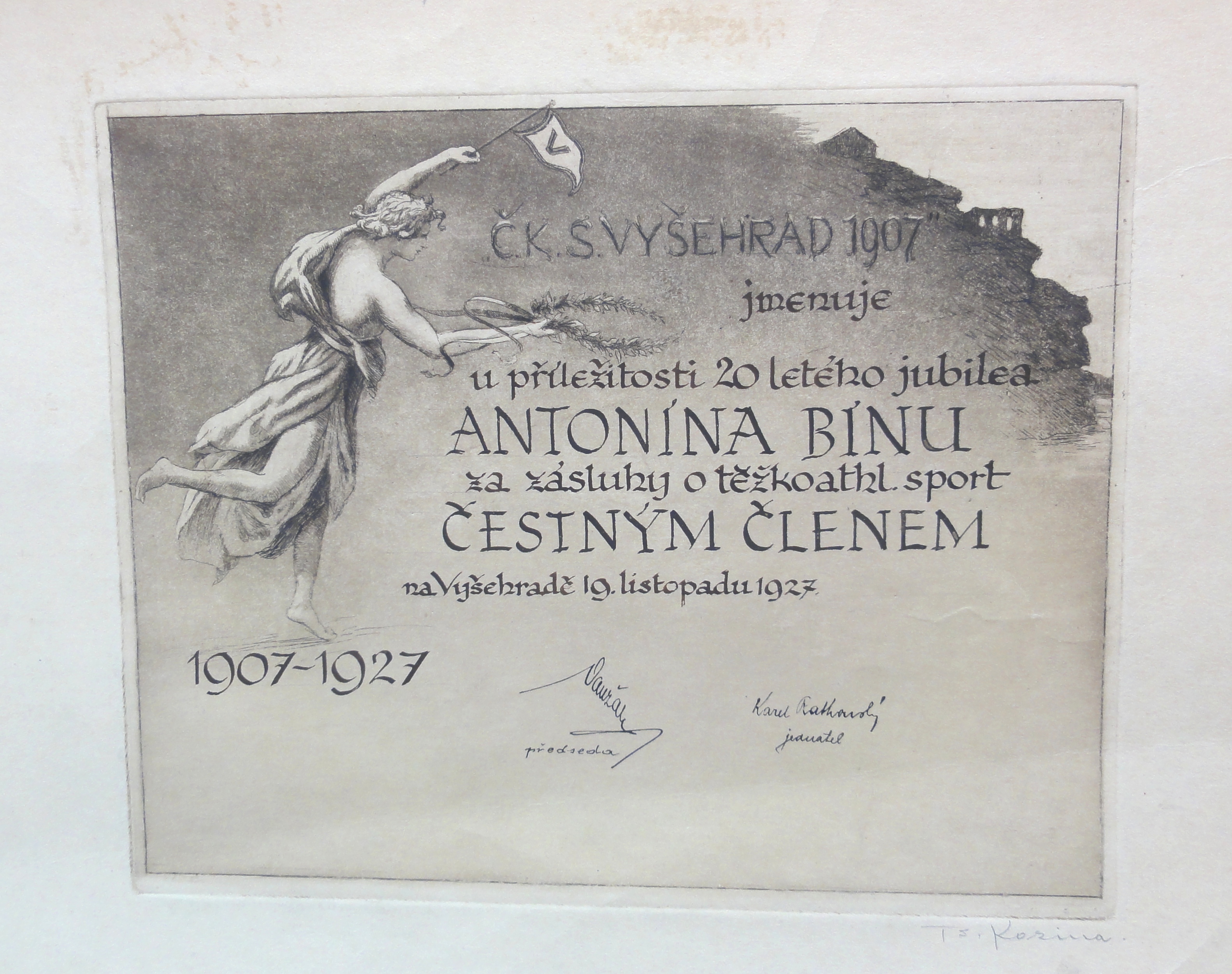 Náhledový obrázek Čestné členství Č. K. S. Vyšehrad 1907 pro Antonína Bínu - 1