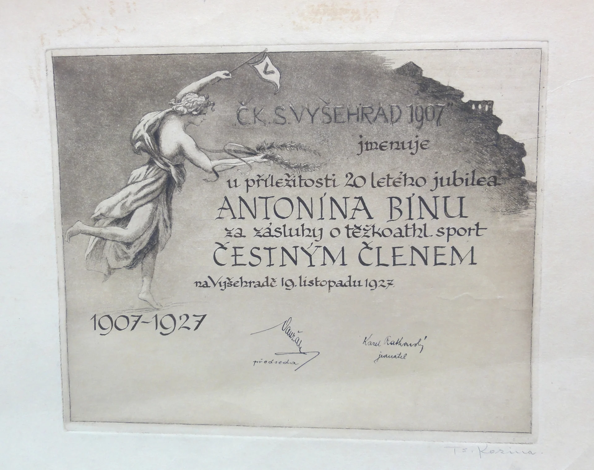 Náhledový obrázek předmětu Čestné členství Č. K. S. Vyšehrad 1907 pro Antonína Bínu