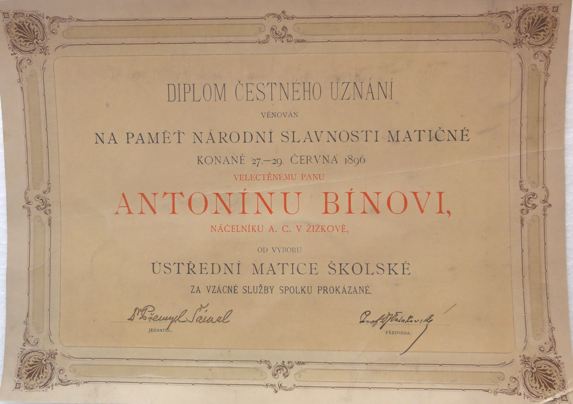 Náhledový obrázek předmětu Matice školská pro Antonína Bínu