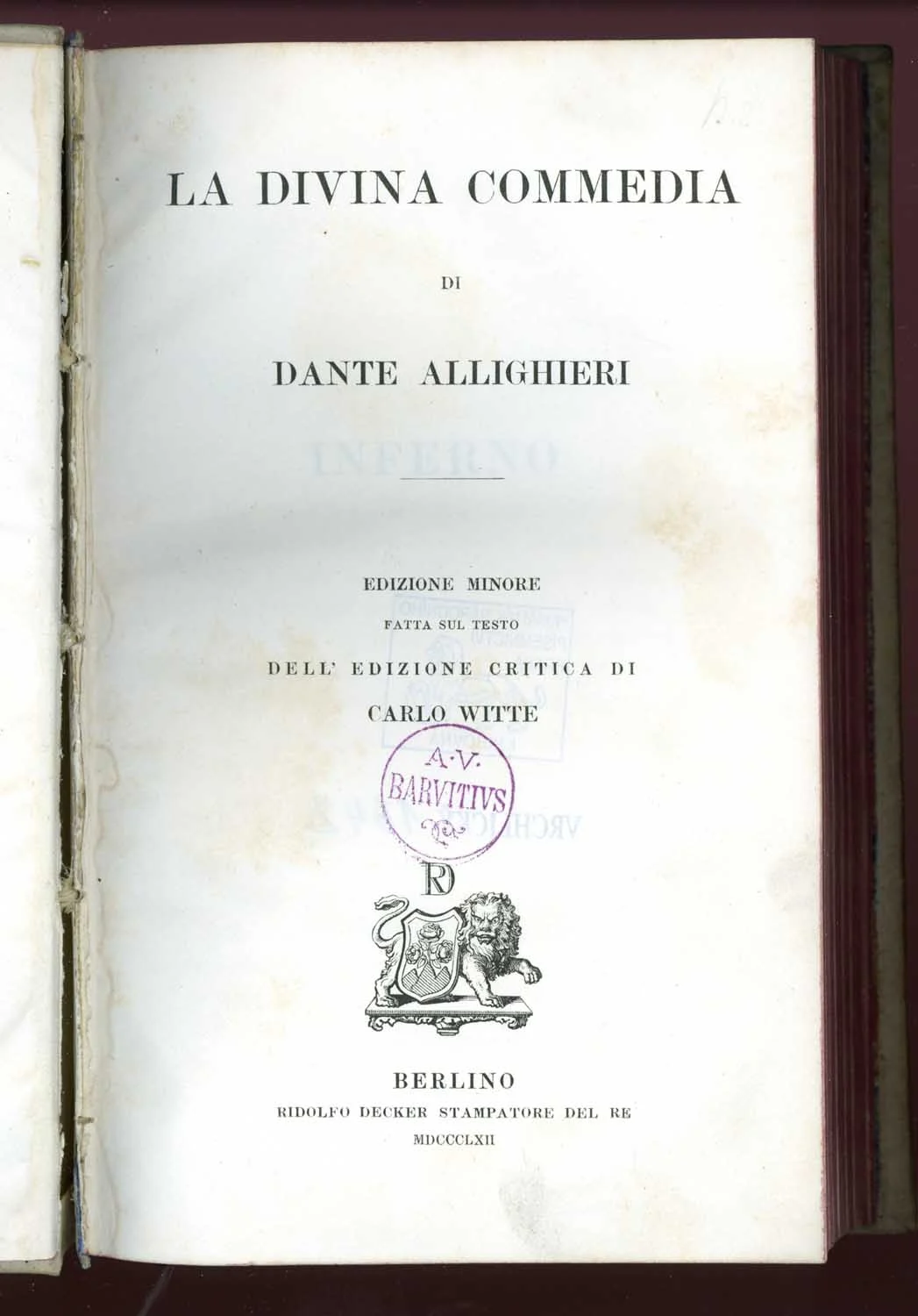 Náhledový obrázek předmětu La divina commedia di Dante Alighieri. Edizione minore fatta sul testo dell' edizione critica di Carlo Witte