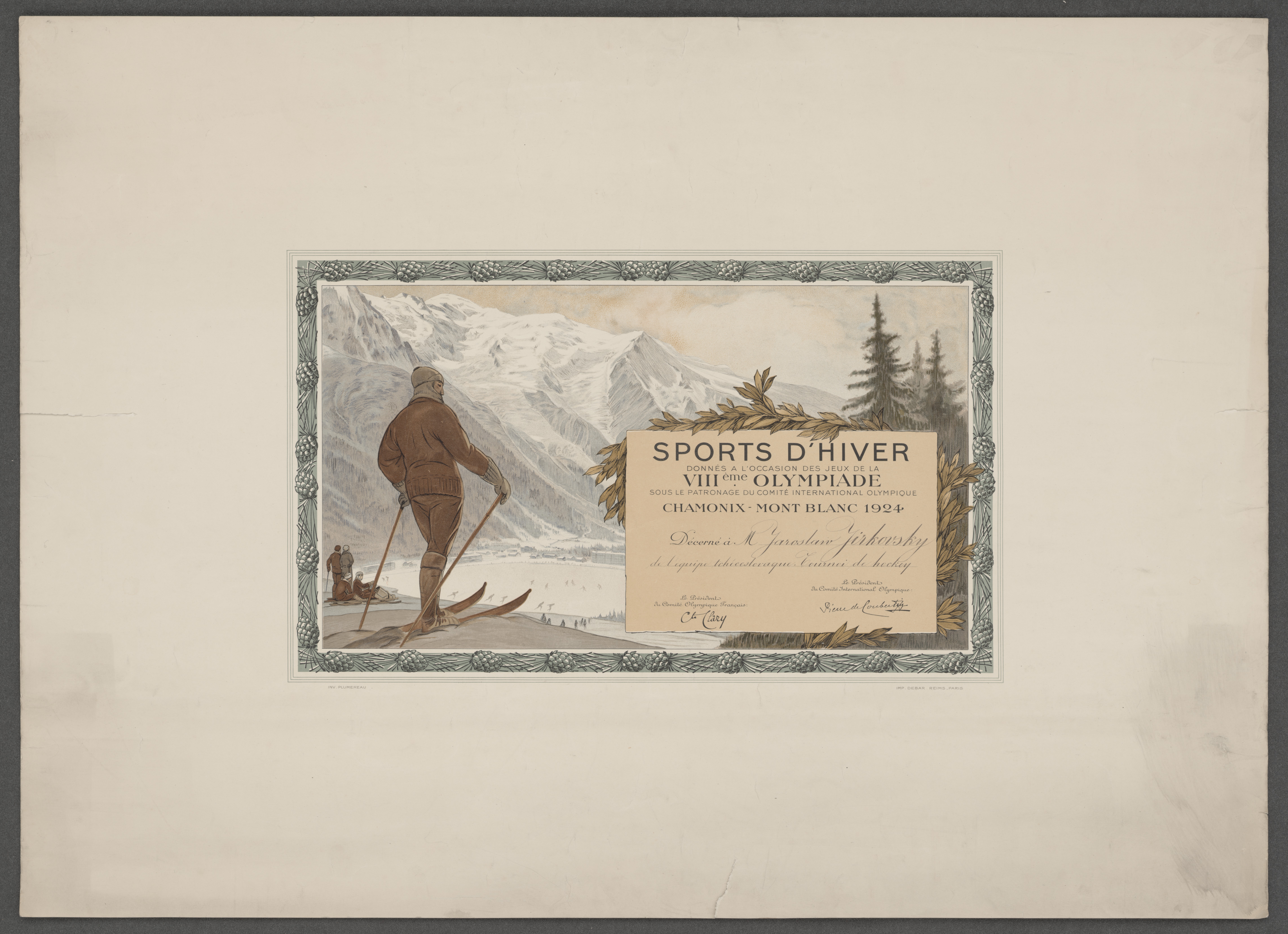 Náhledový obrázek Olympijský diplom pro Jaroslava Jirkovského. ZOH Chamonix 1924 - 1
