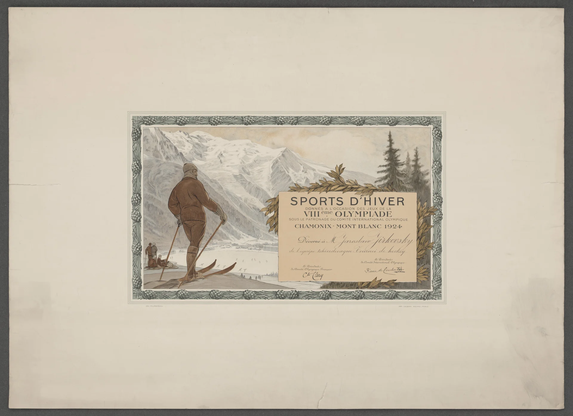 Náhledový obrázek předmětu Olympijský diplom pro Jaroslava Jirkovského. ZOH Chamonix 1924