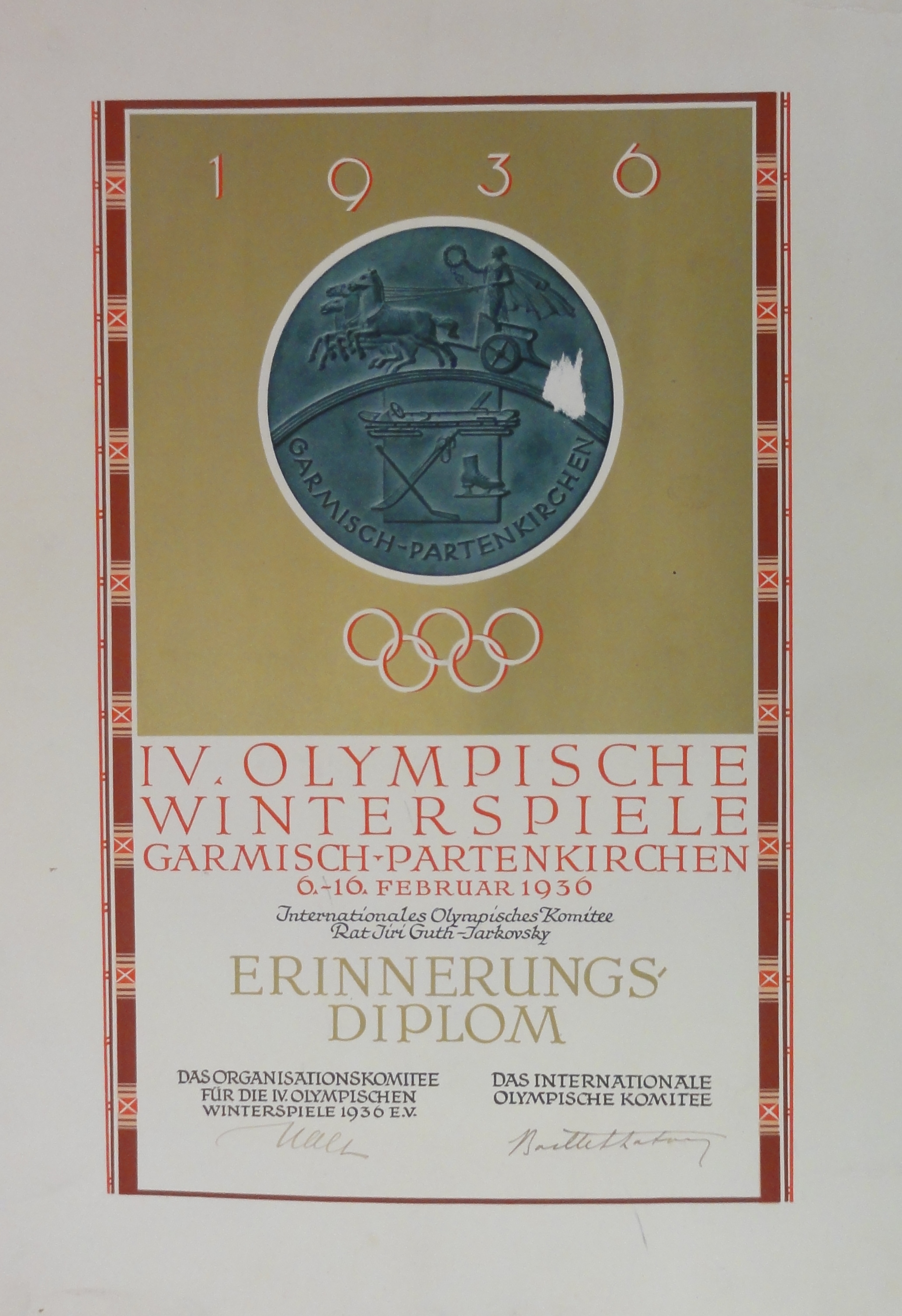 Náhledový obrázek Olympijský diplom Jiřího Gutha Jarkovského. ZOH Garmisch-Partenkirchen 1936 - 1