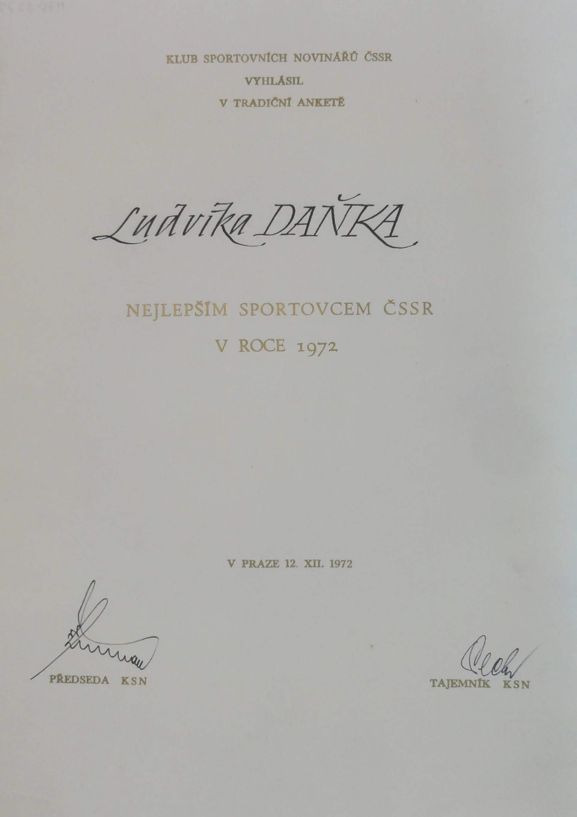 Náhledový obrázek předmětu Vyhlášení Ludvíka Daňka nejlepším sportovcem ČSSR v roce 1972