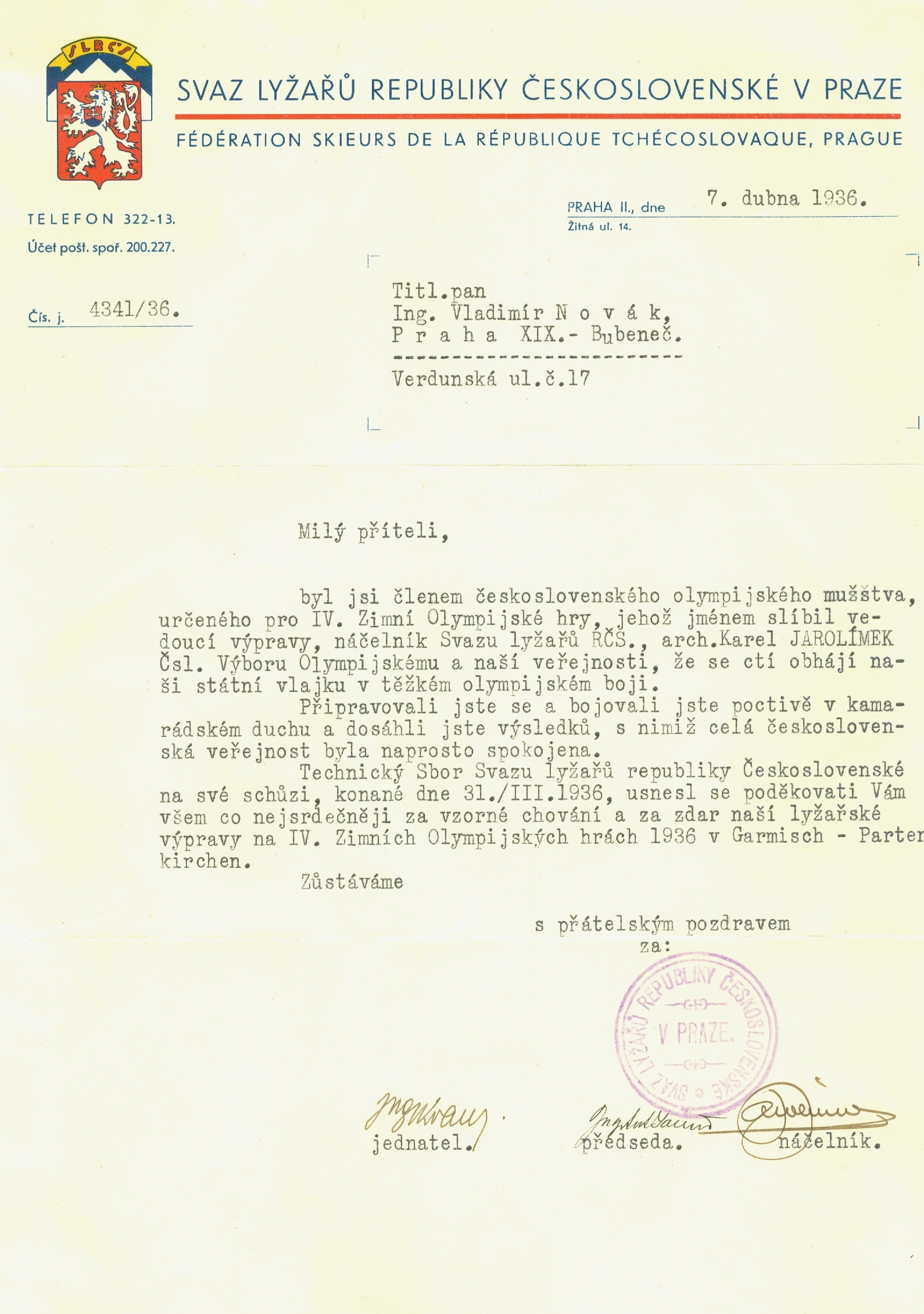 Náhledový obrázek Poděkování za reprezentaci na Zimních olympijských hrách v Ga-Pa 1936 - 1