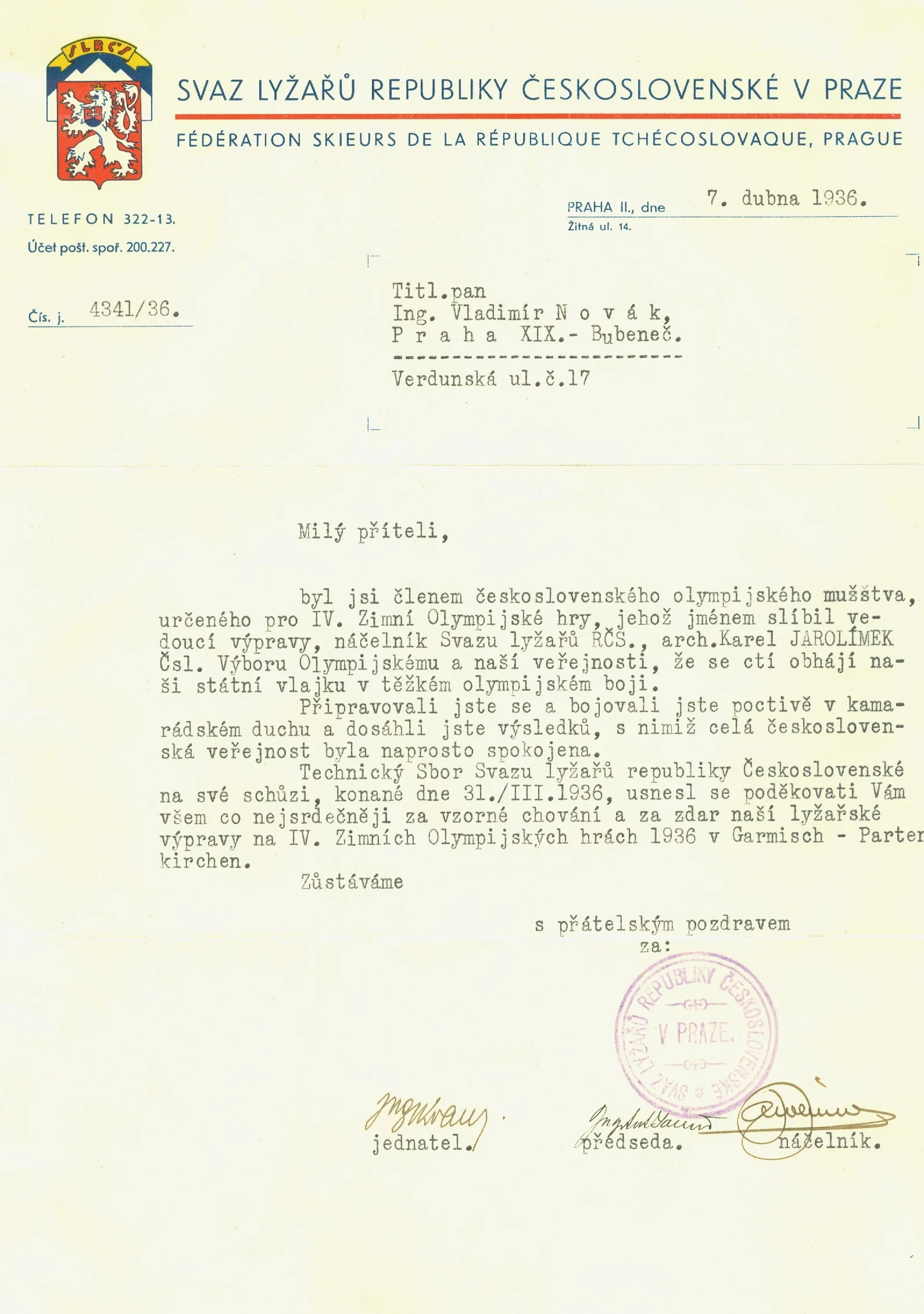 Náhledový obrázek předmětu Poděkování za reprezentaci na Zimních olympijských hrách v Ga-Pa 1936