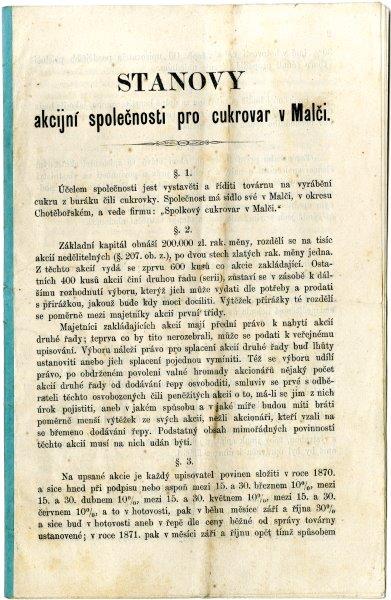 Náhledový obrázek předmětu Stanovy malečského cukrovaru sestavené F. L. Riegrem