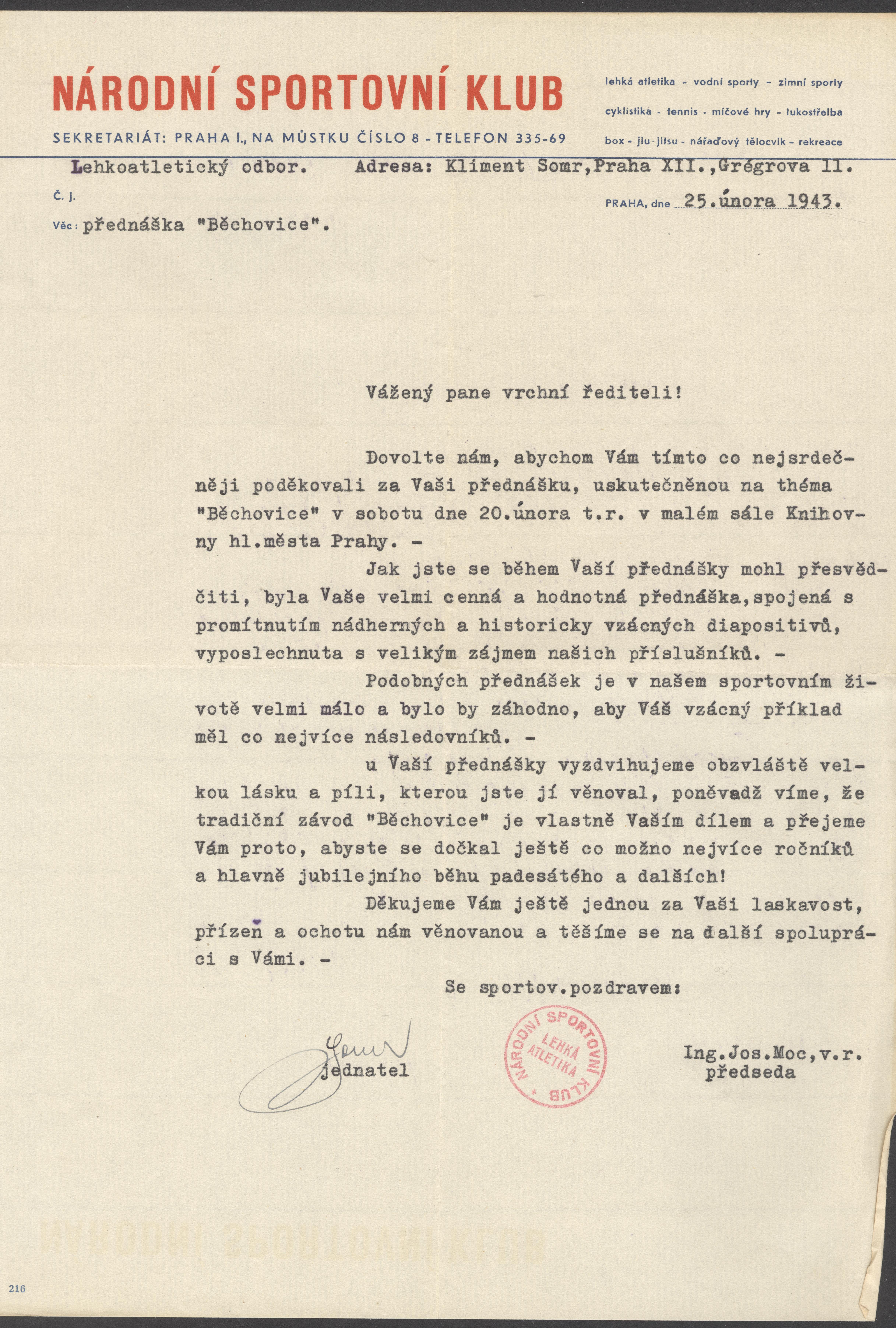 Náhledový obrázek Poděkování Národního sportovního klubu Rudolfu Richterovi za přednášku o "Běchovicích" - 1