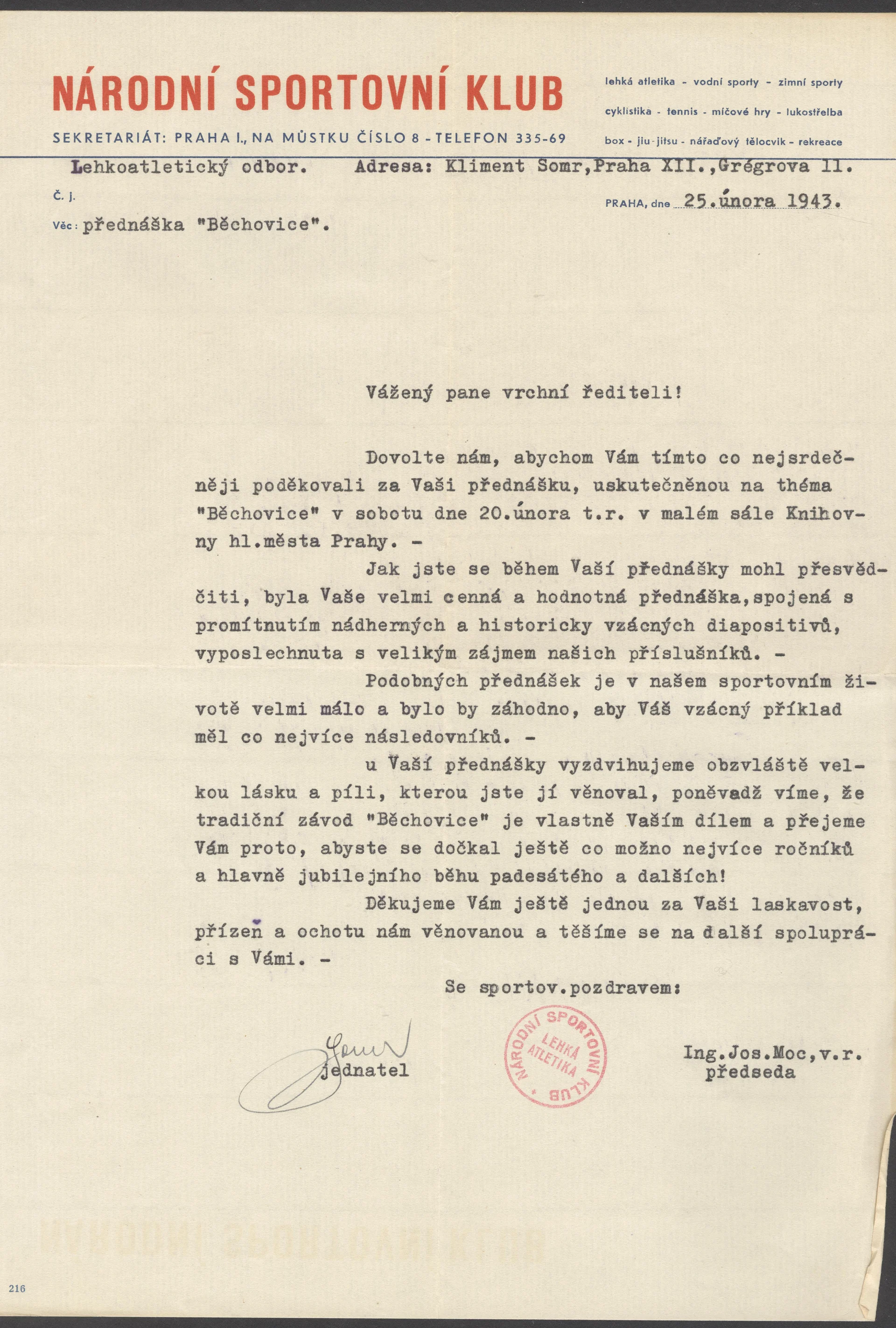 Náhledový obrázek předmětu Poděkování Národního sportovního klubu Rudolfu Richterovi za přednášku o "Běchovicích"