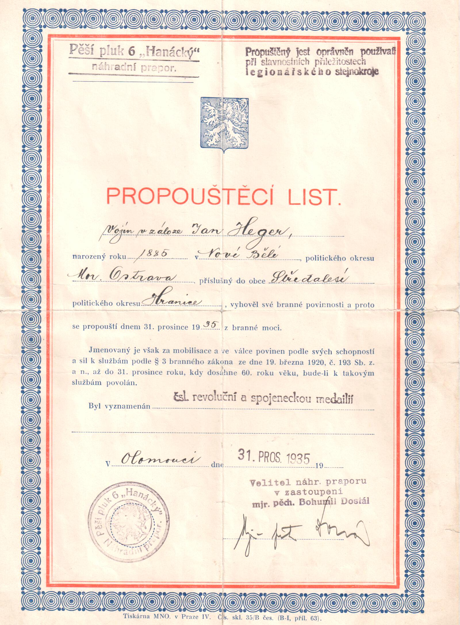 Náhledový obrázek Propouštěcí list vojáka, 1935 - 1