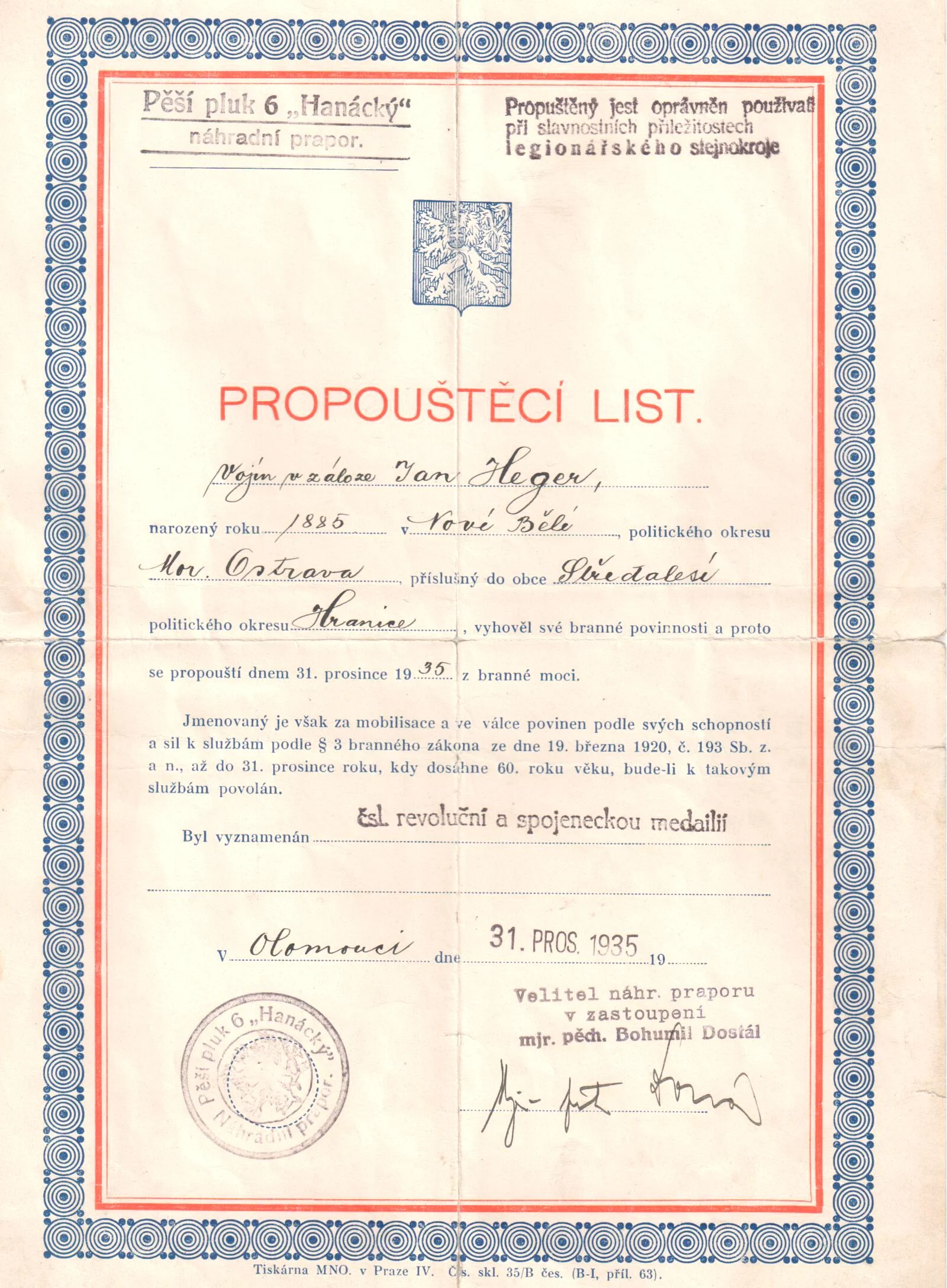 Obrázek Propouštěcí list vojáka, 1935