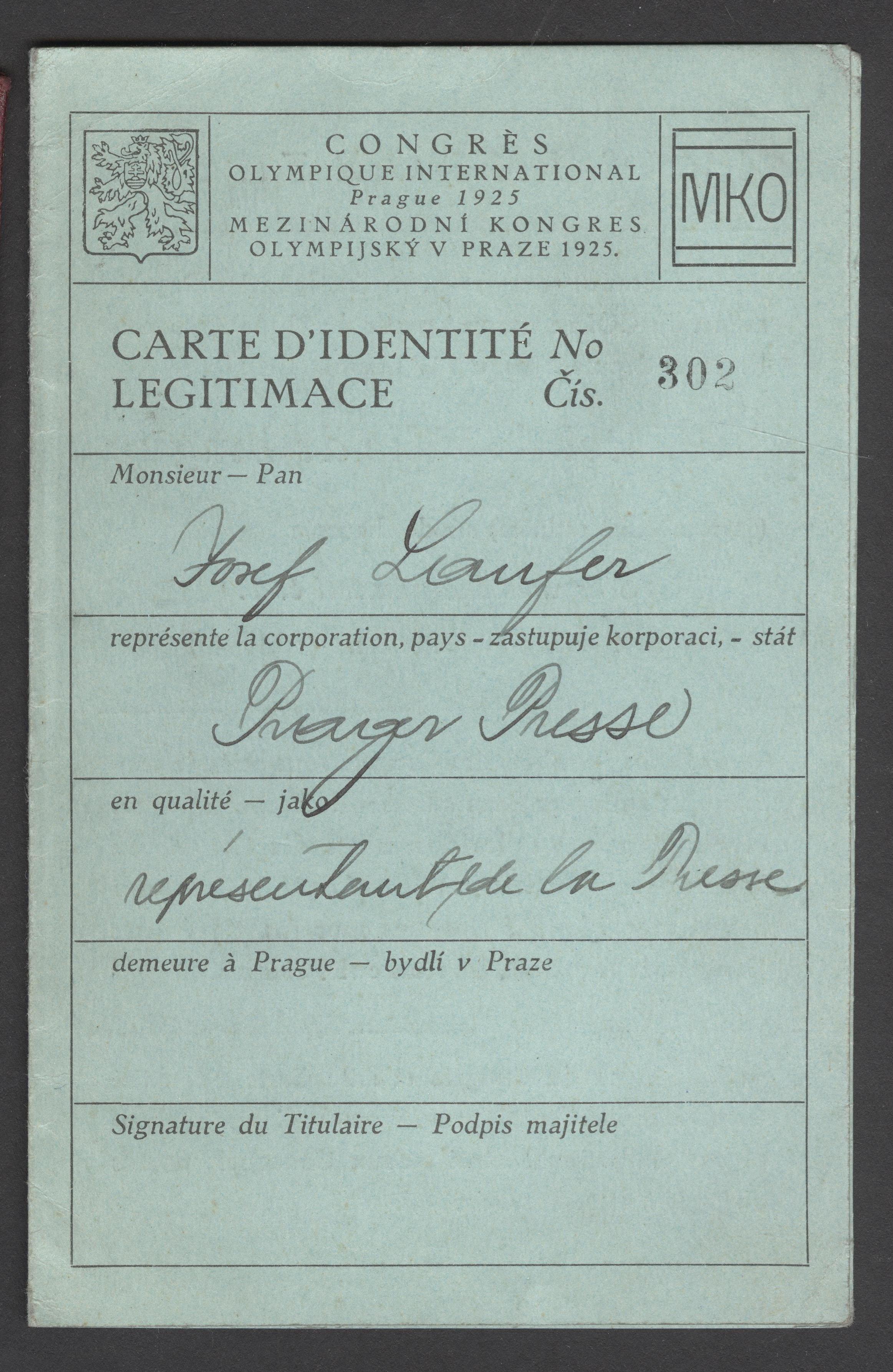 Náhledový obrázek Olympijský kongres. Praha 1925. Účastnický průkaz - 3