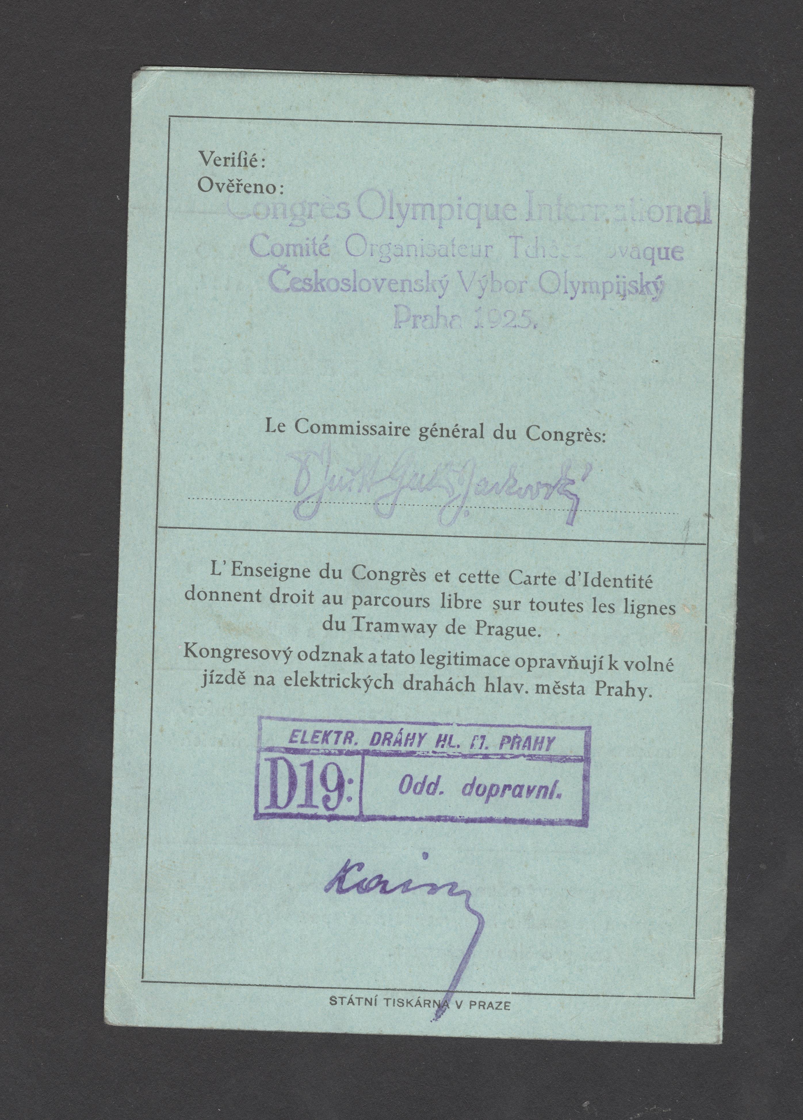 Náhledový obrázek Olympijský kongres. Praha 1925. Účastnický průkaz - 2