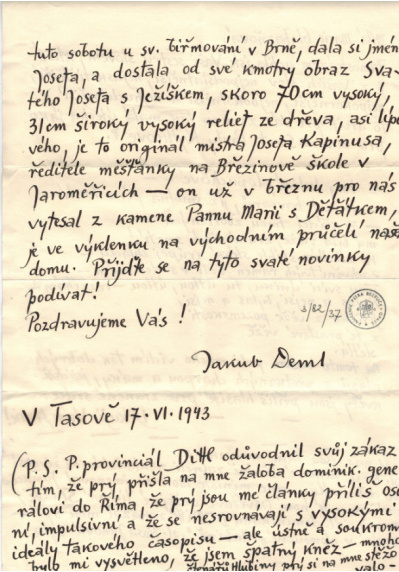 Náhledový obrázek Dopis Jakuba Demla Marii Glabazňové - 1