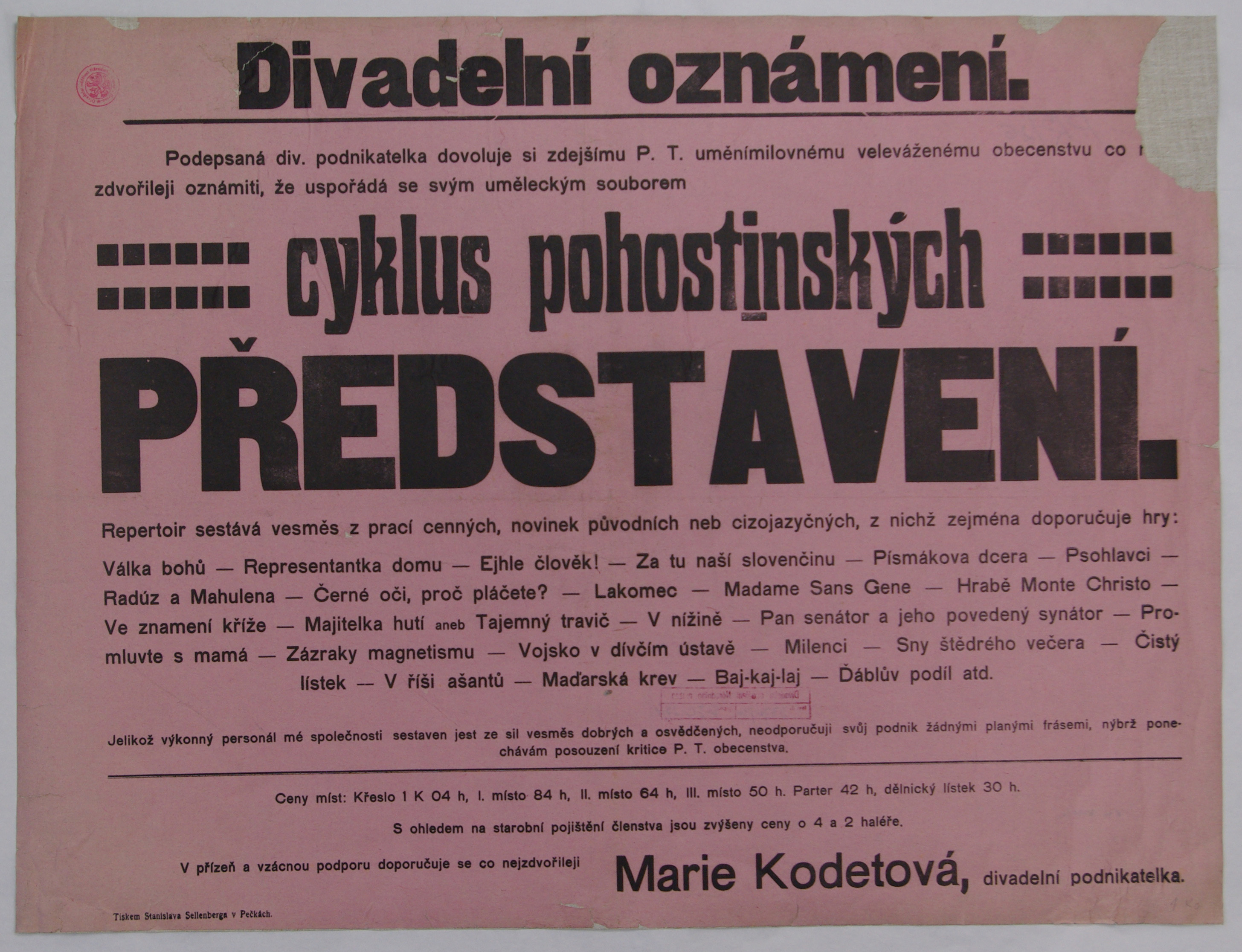 Náhledový obrázek Divadelní oznámení o cyklu představení - 1