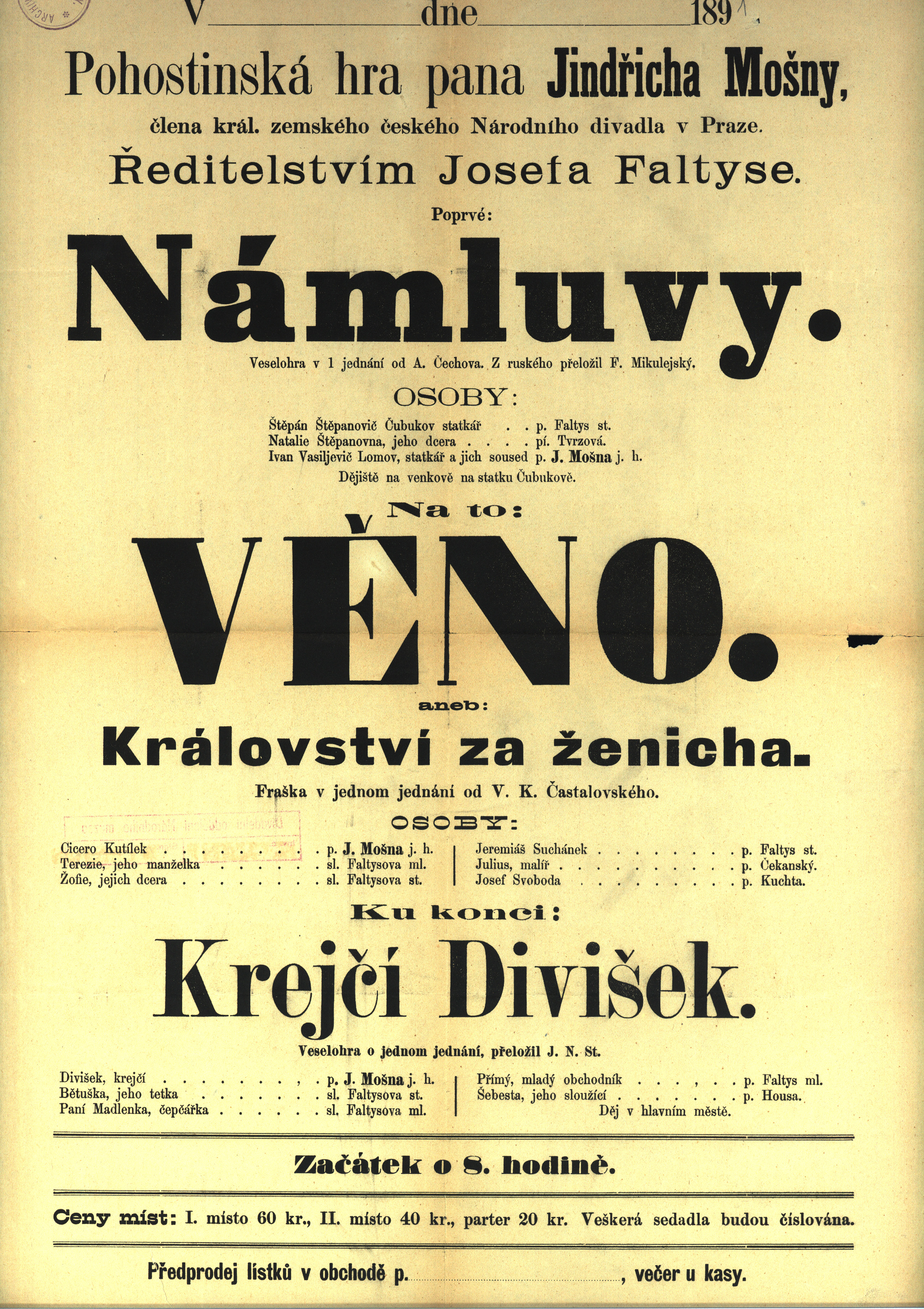 Náhledový obrázek Námluvy, Věno aneb Království za ženicha, Krejčí Divišek - 1
