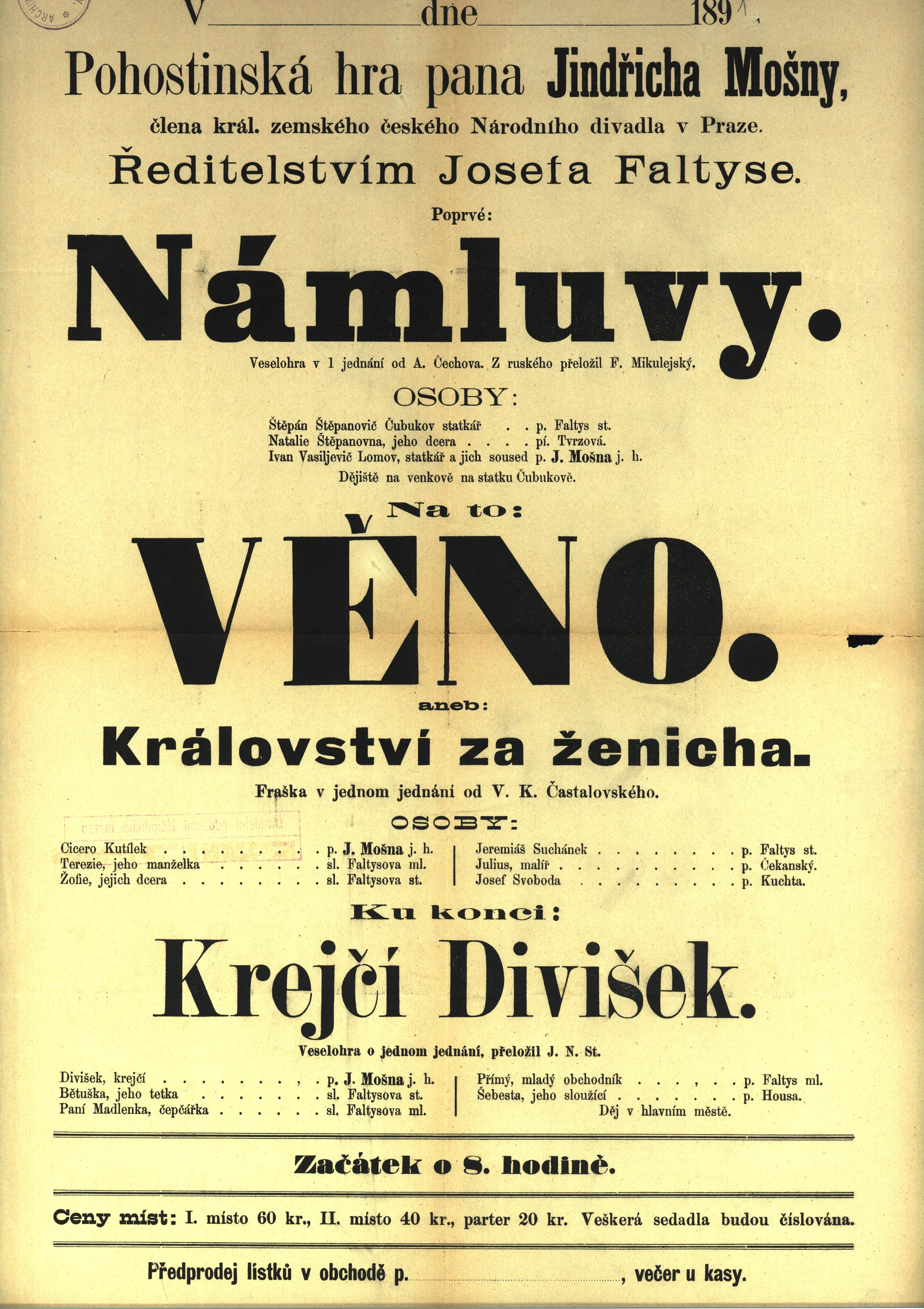 Náhledový obrázek předmětu Námluvy, Věno aneb Království za ženicha, Krejčí Divišek