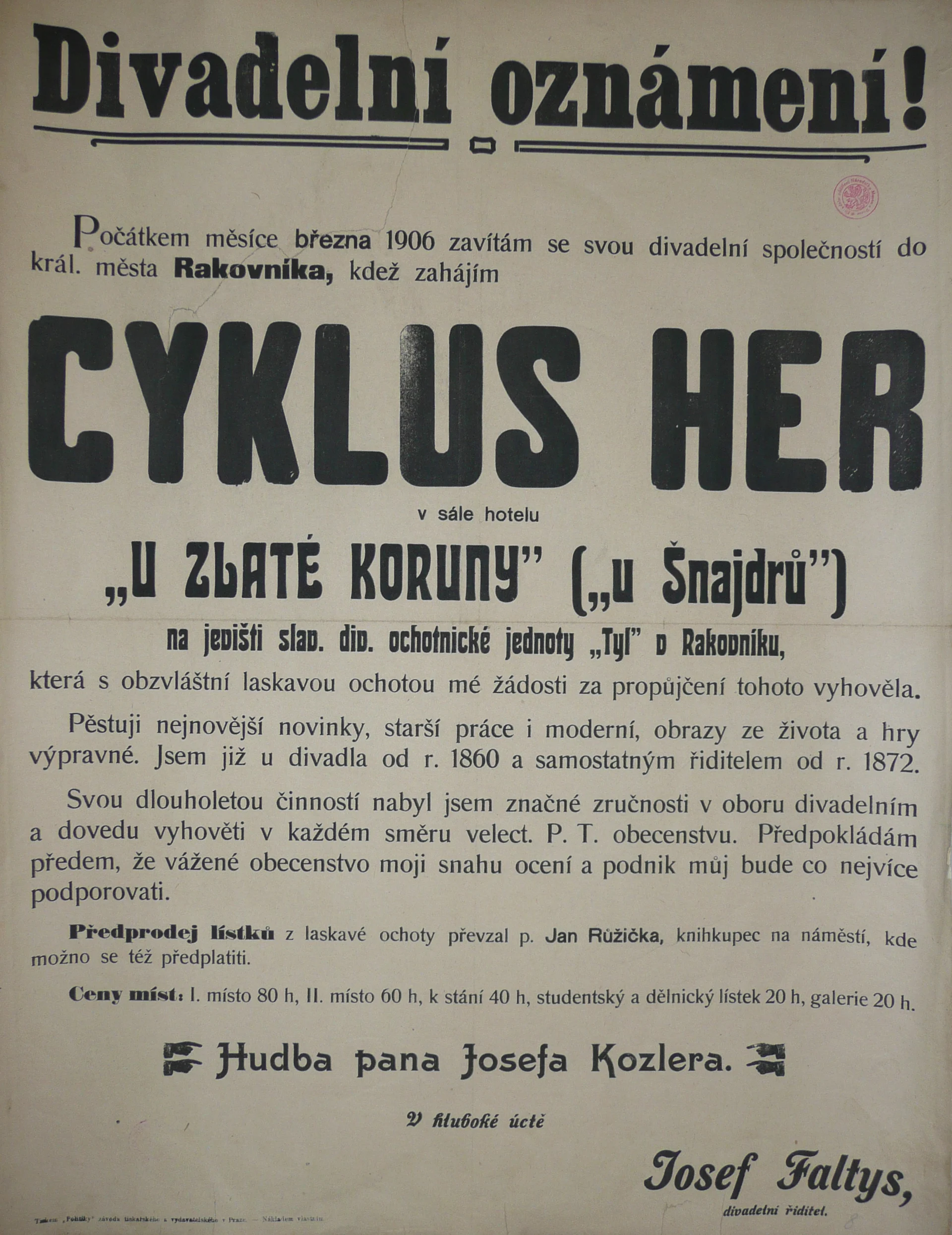 Náhledový obrázek předmětu Divadelní oznámení: Cyklus her v Rakovníku