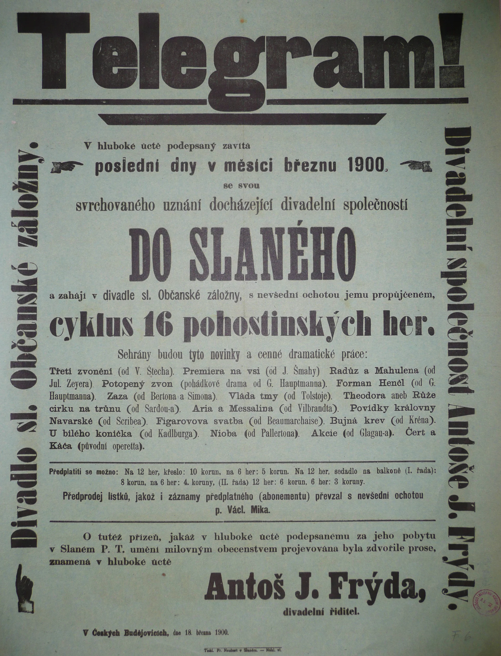 Náhledový obrázek předmětu Telegram k cyklu 16  her představení ve Slaném