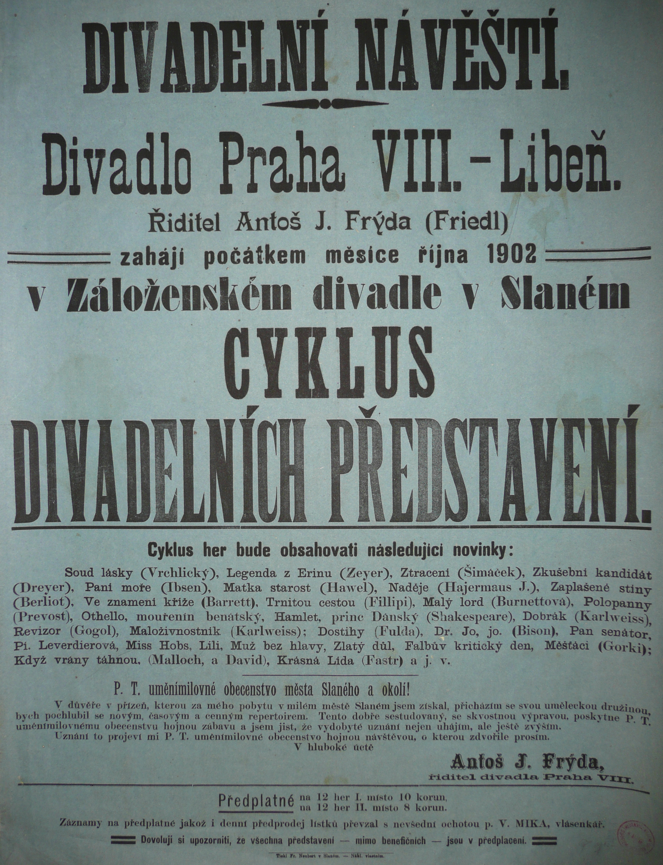 Náhledový obrázek Divadelní návěští k cyklu představení ve Slaném - 1