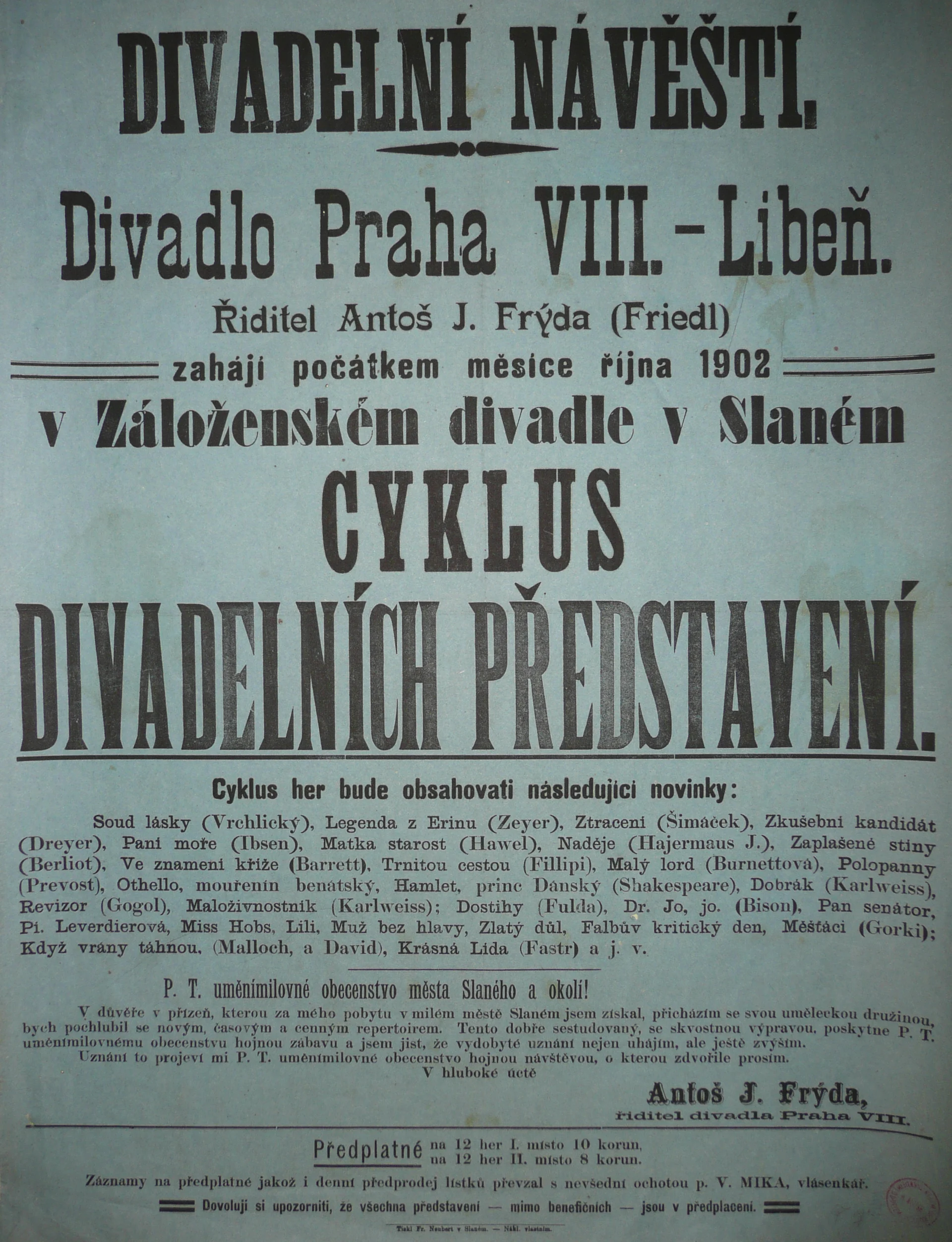 Náhledový obrázek předmětu Divadelní návěští k cyklu představení ve Slaném