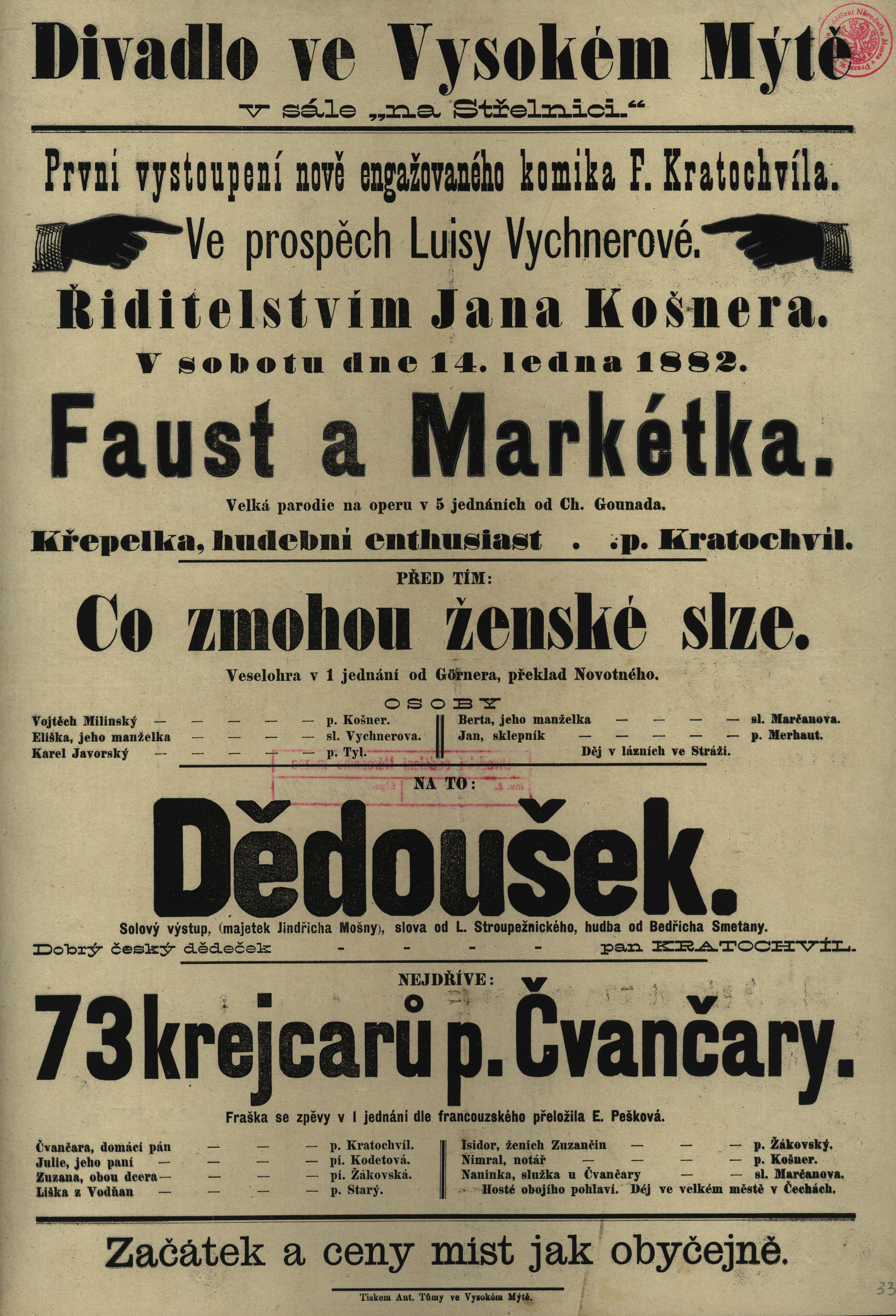 Náhledový obrázek 73 krejcarů p. Čvančary, Co zmohou ženské slze, Faust a Markétka, Dědoušek - 1