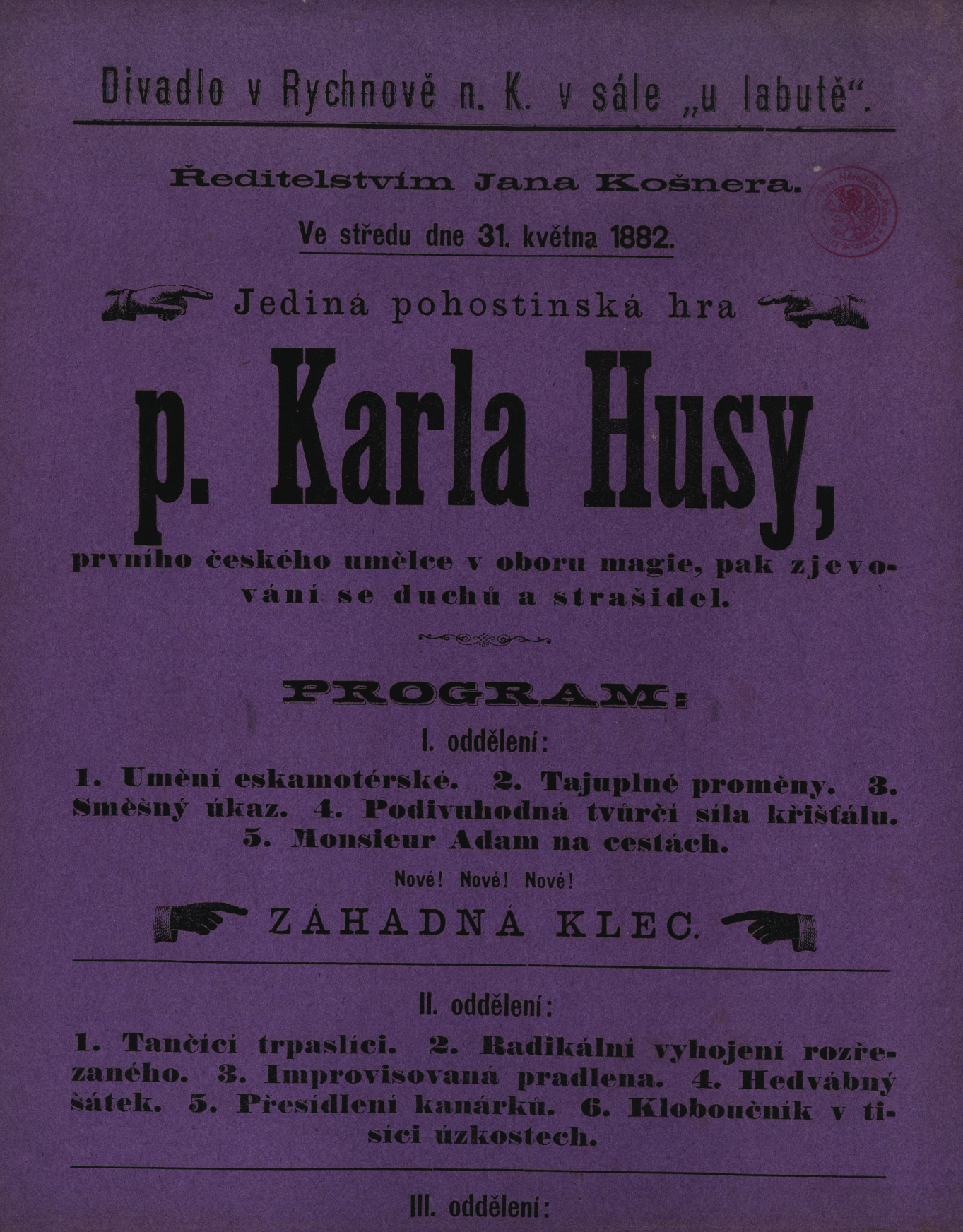 Náhledový obrázek Vystoupení K. Husy v oboru magie, pak zjevování duchů, Proces o hubičku - 1