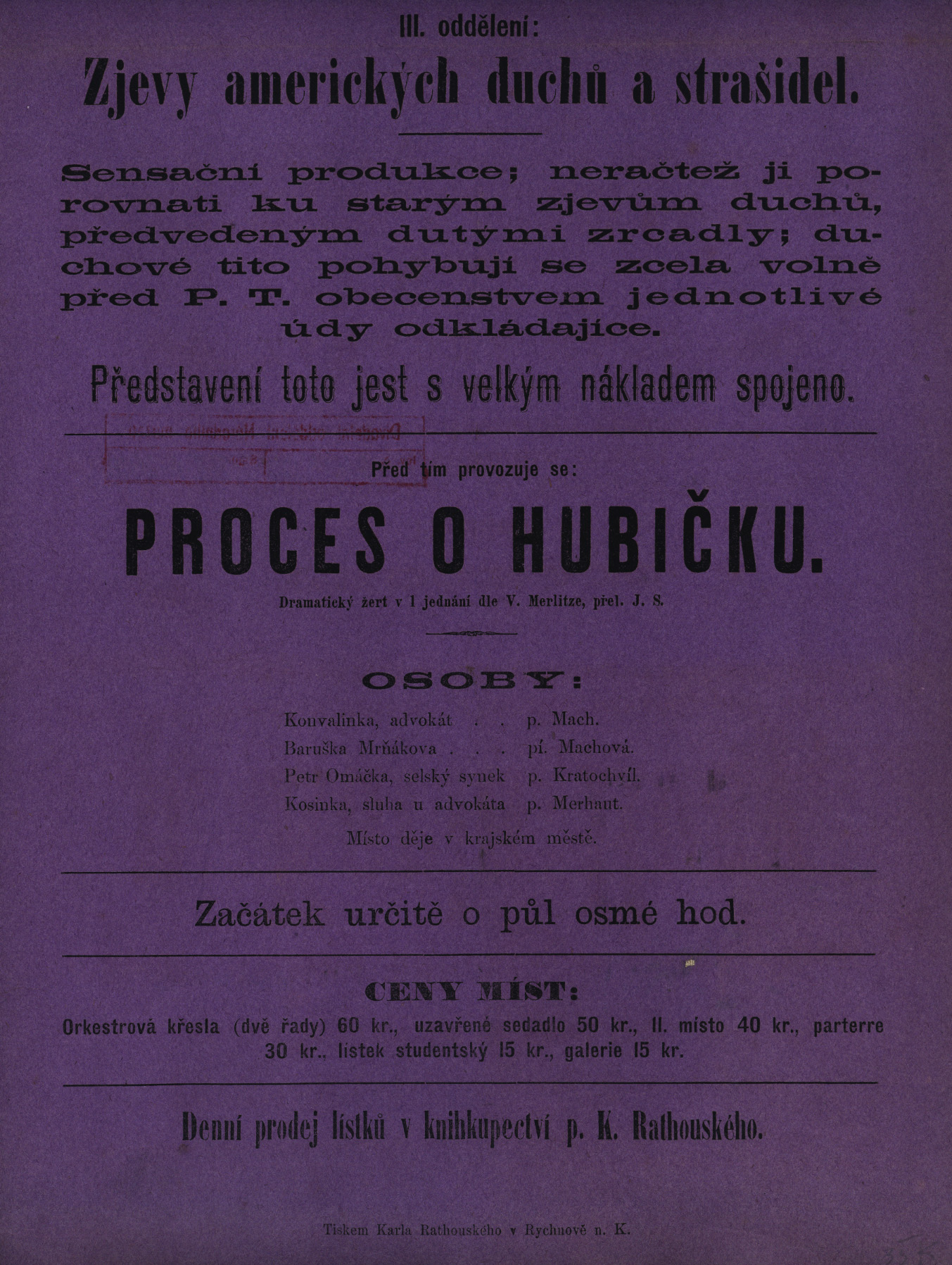 Náhledový obrázek Vystoupení K. Husy v oboru magie, pak zjevování duchů, Proces o hubičku - 2