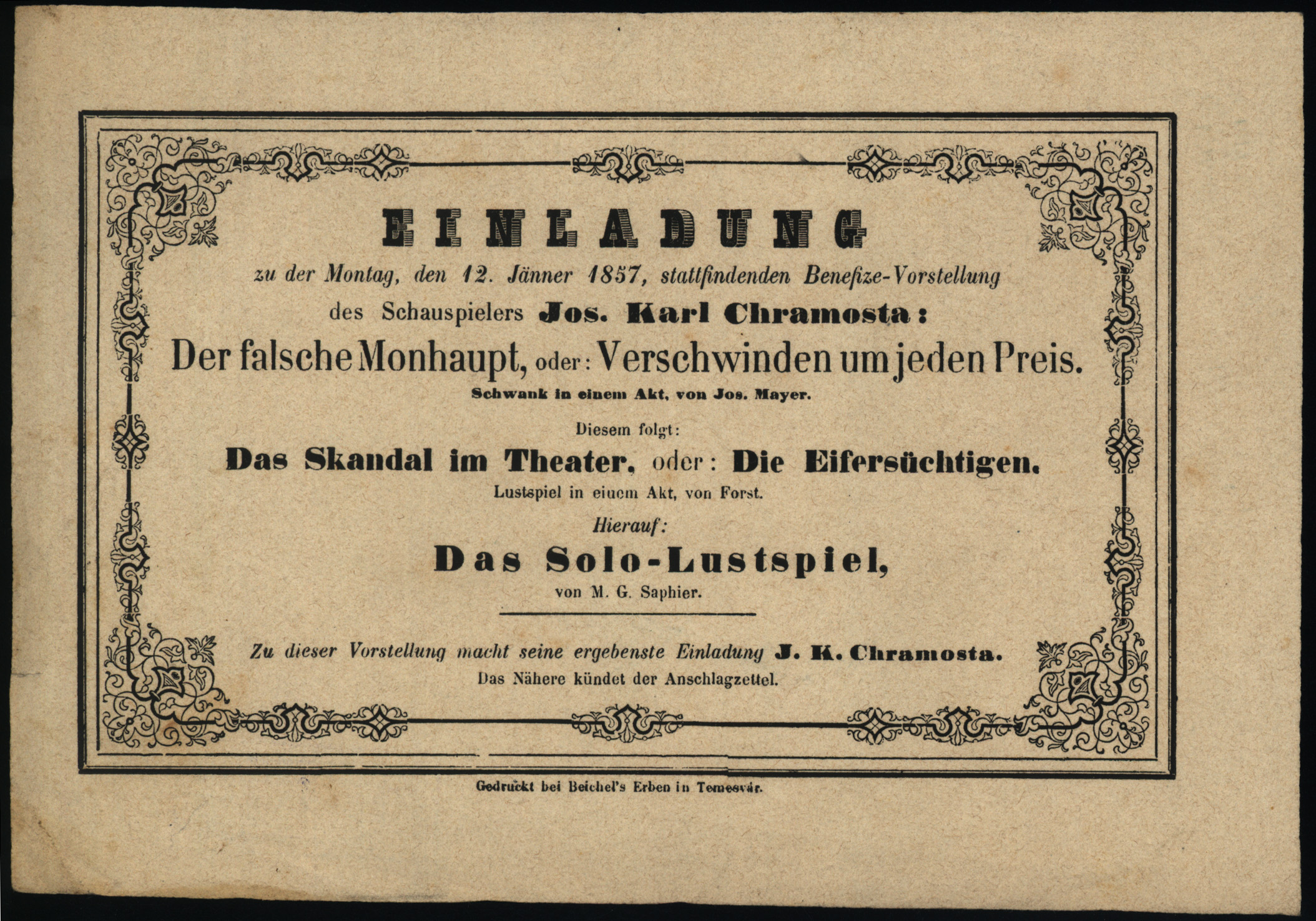 Náhledový obrázek Einladung des Schauspielers J. K. Chramosta zu de 12. 1. 1857 (pozvánka k benefici) - 1