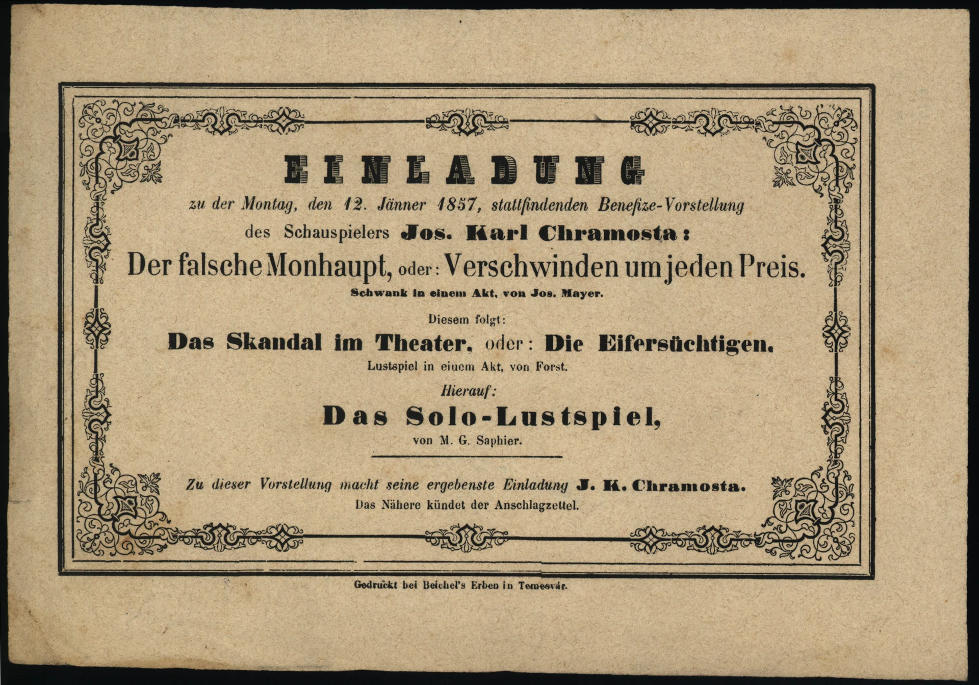 Náhledový obrázek předmětu Einladung des Schauspielers J. K. Chramosta zu de 12. 1. 1857 (pozvánka k benefici)