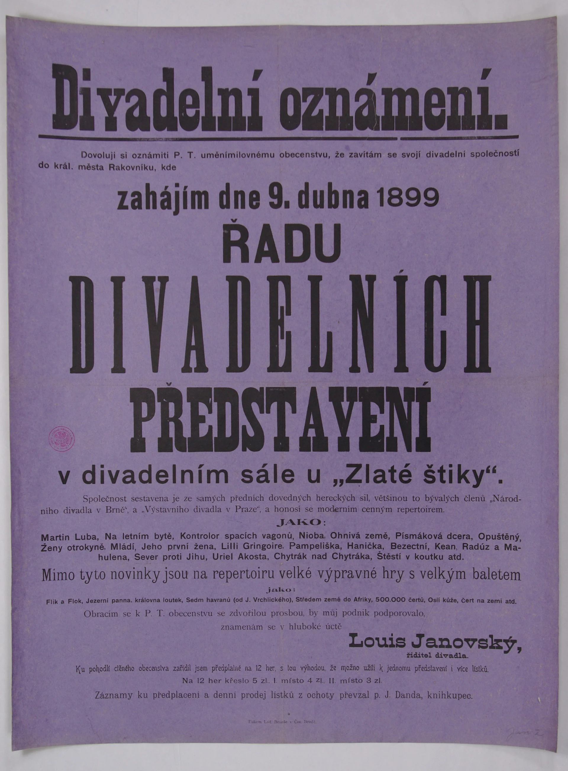Náhledový obrázek předmětu Divadelní oznámení o řadě představení v Rakovníku