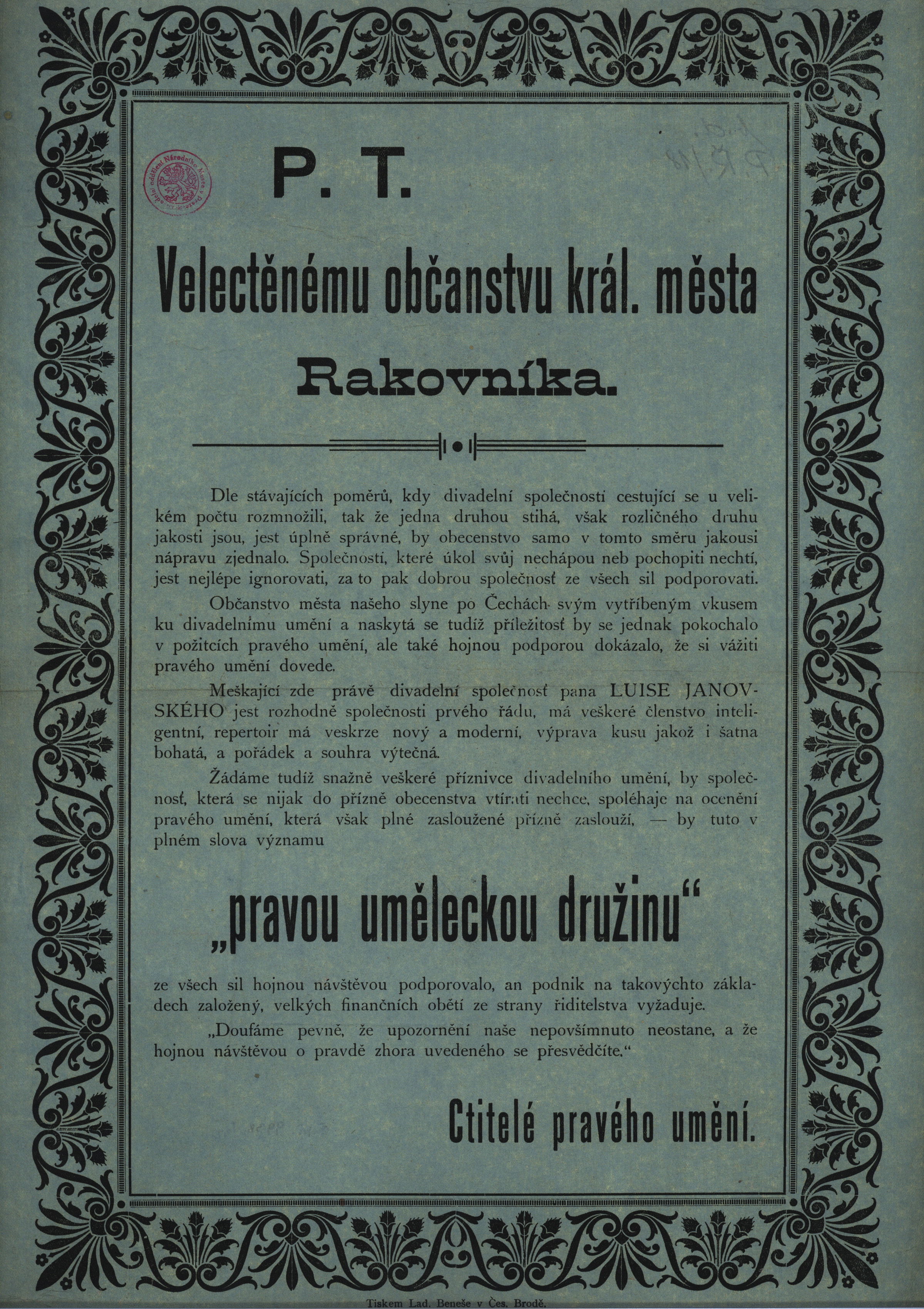 Náhledový obrázek Velectěnému občanstvu Rakovníka se doporučuje společnost L. Janovského - 1