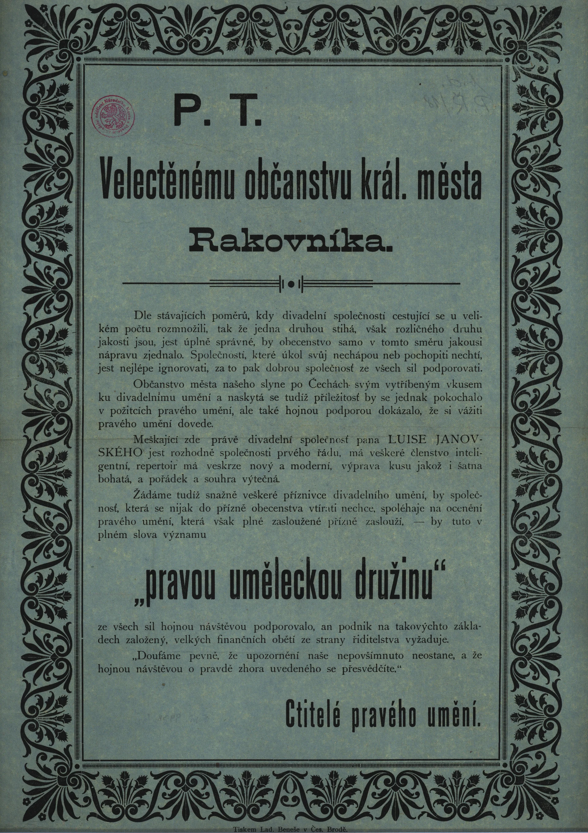 Náhledový obrázek předmětu Velectěnému občanstvu Rakovníka se doporučuje společnost L. Janovského