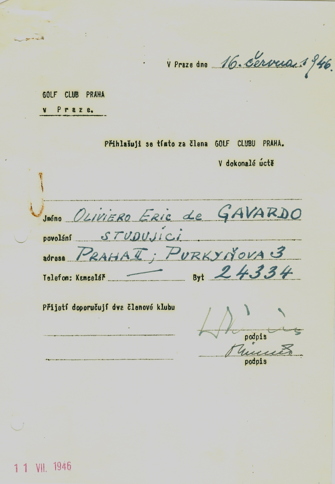 Náhledový obrázek Přihláška do Golf Clubu Praha (O. E. de Gavardo) - 1